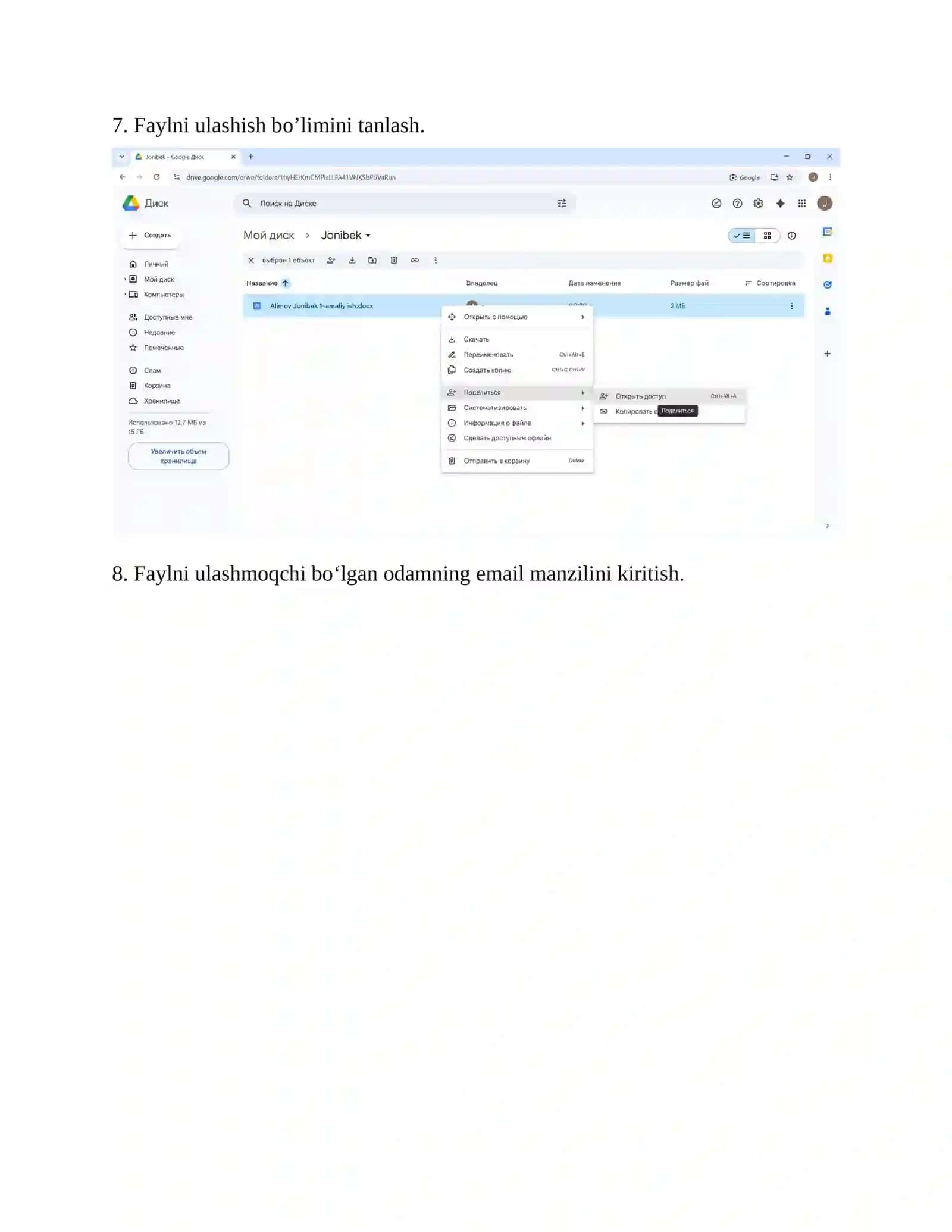 Google Drive Bulut tizimida ishlash 4