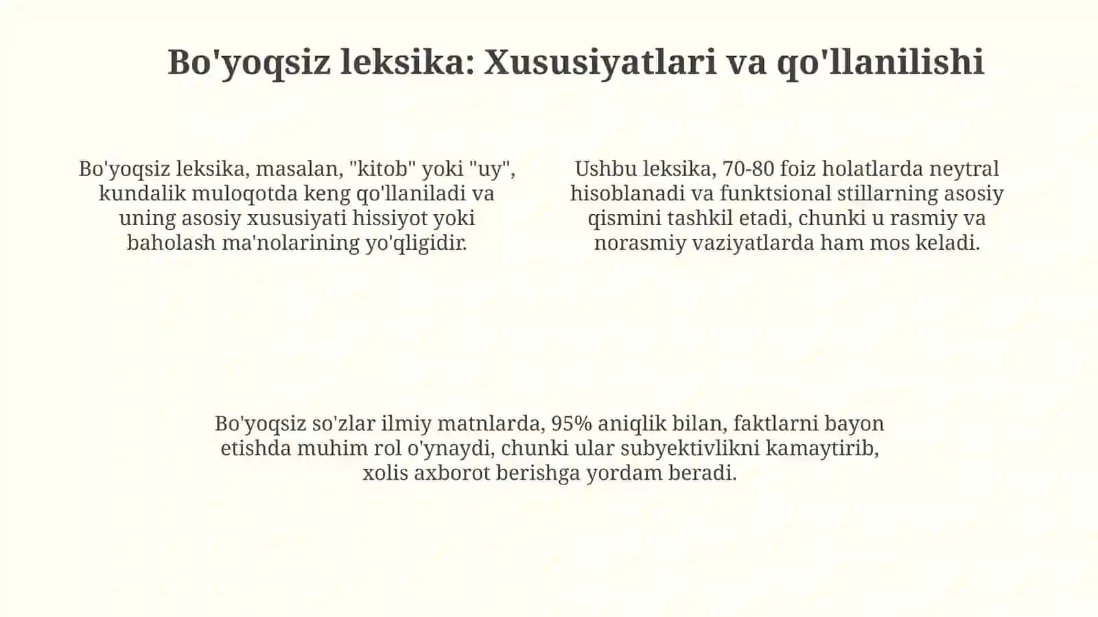 Ifodaviylik va uslubiy xoslanganlik jihatdan oʻzbek tili leksikasi 4