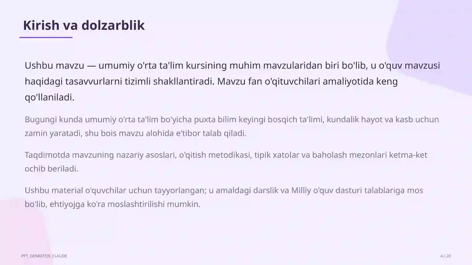 Dolzarb mavzular — maktab va o'qituvchilar (2026) — o'quvchilar uchun 4