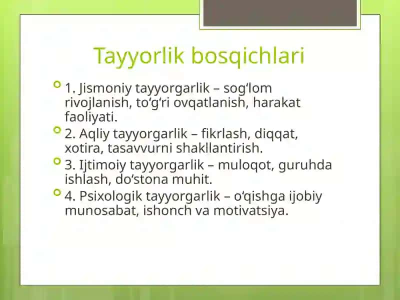 Bolalarni maktabga tayyorlash fanlarini o’qitish tamoyillari 4