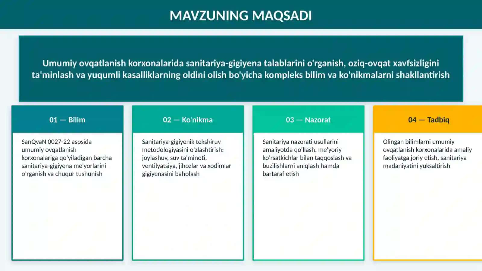 Umumiy ovqatlanish korxonalari uchun sanitariya-gigiyena talablari 4