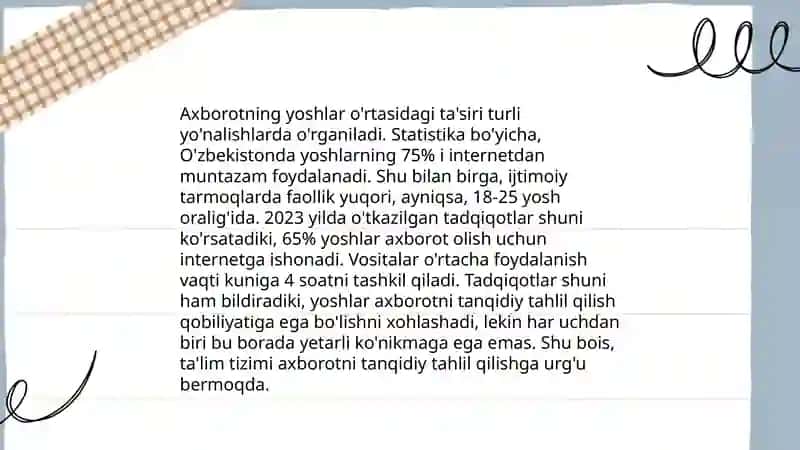 Yoshlarni ahborotni qabul qilishligi va ularda nisbatan ongli munosabatlarni shakllantirish 4