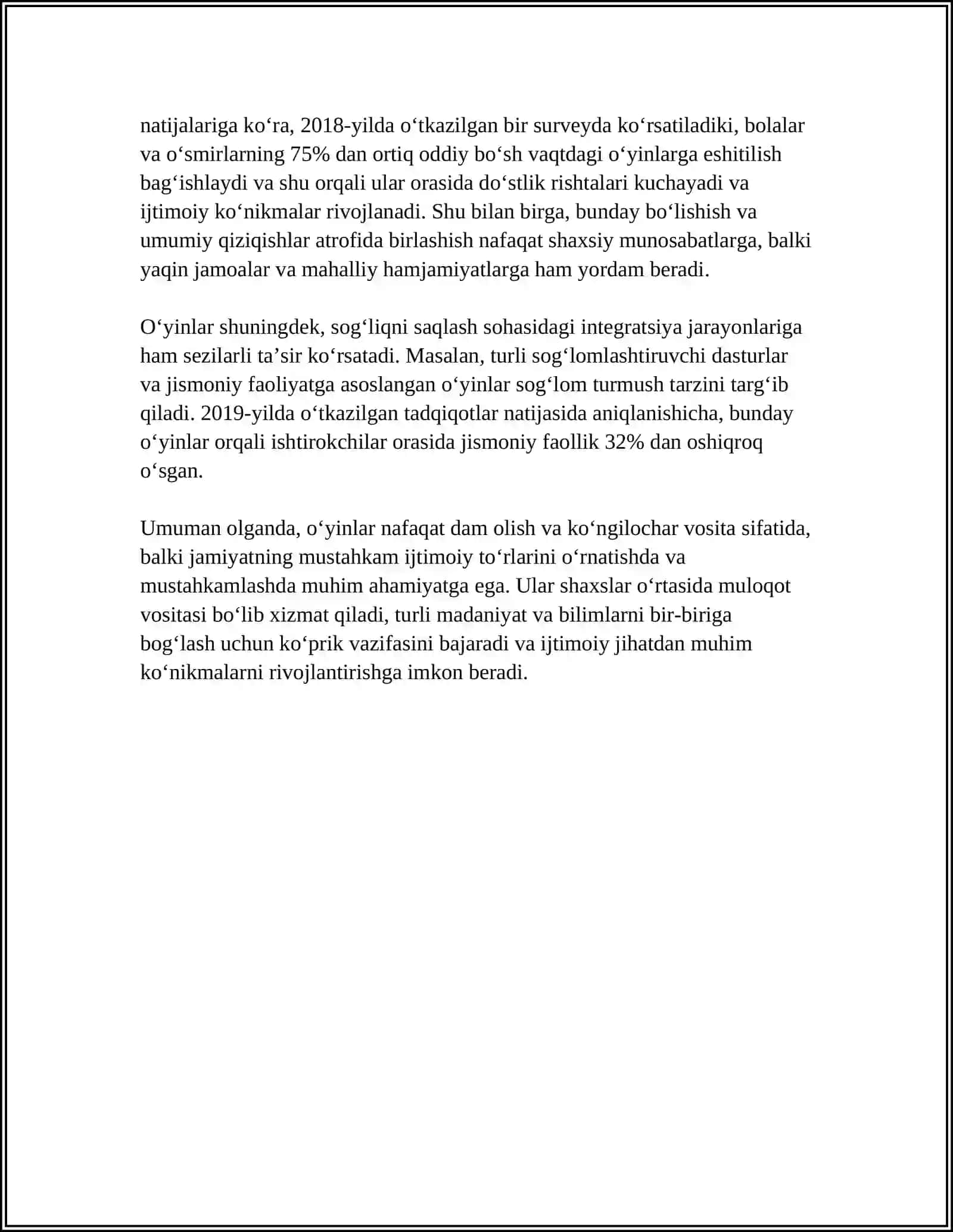 OʻYINLAR-IJTIMOIY FAOLIYAT SIFATIDA. MEDIALARNING IJTIMOIY MAZMUNI 4