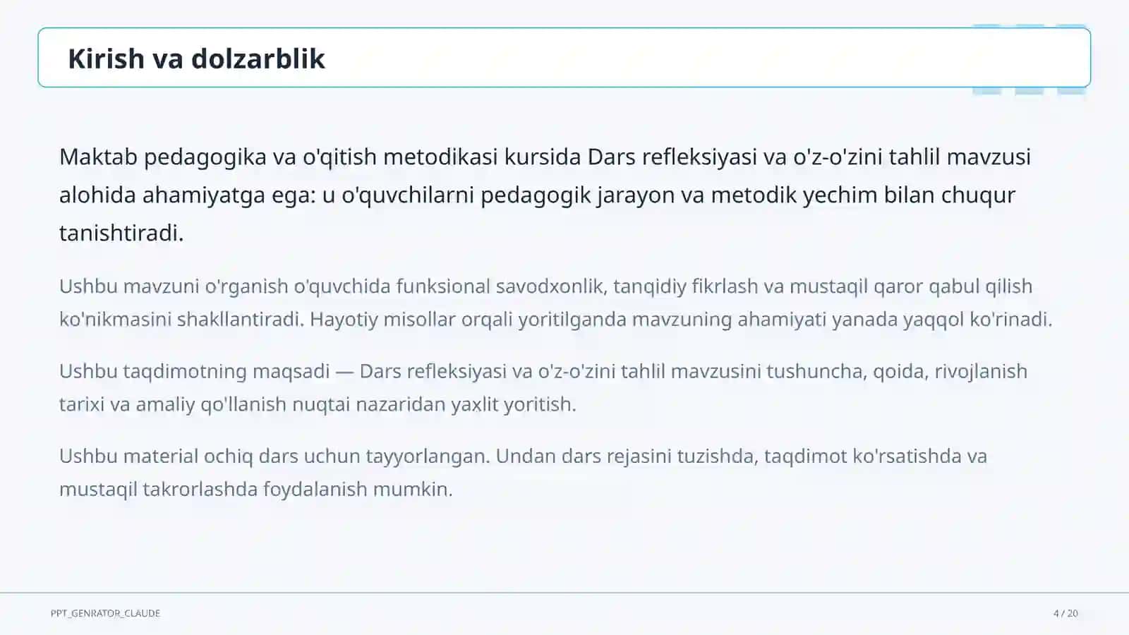 Dars refleksiyasi va o'z-o'zini tahlil 4