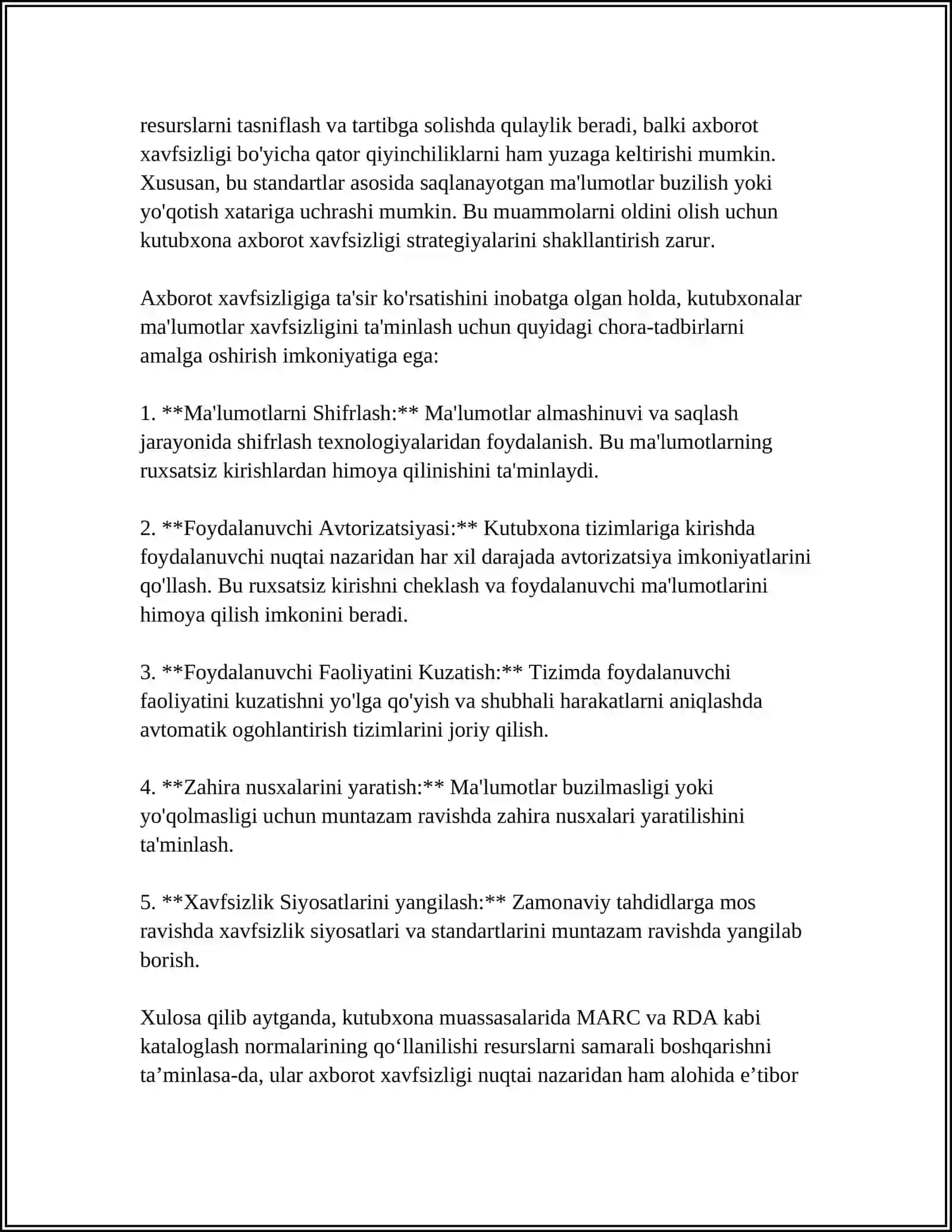 AXBOROT KUTUBXONA MUASSASALARIDA AXBOROT XAVFSIZLIGI VA KATALOGLASHTIRISH 4