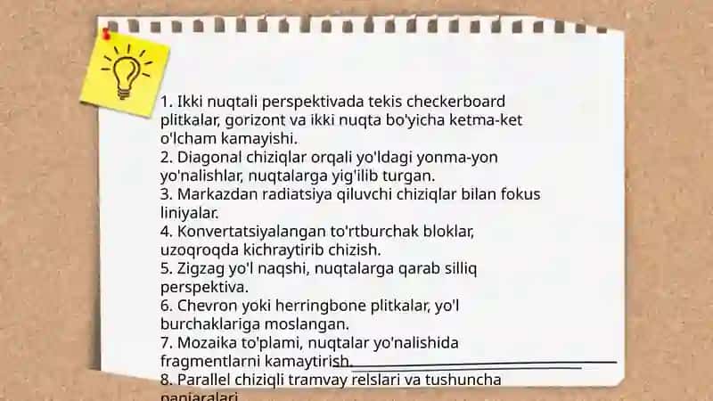 Turli xil ko'rinishdagi yo'l ichidagi 10 ta naqsh kompozitsiyasini chizish 4