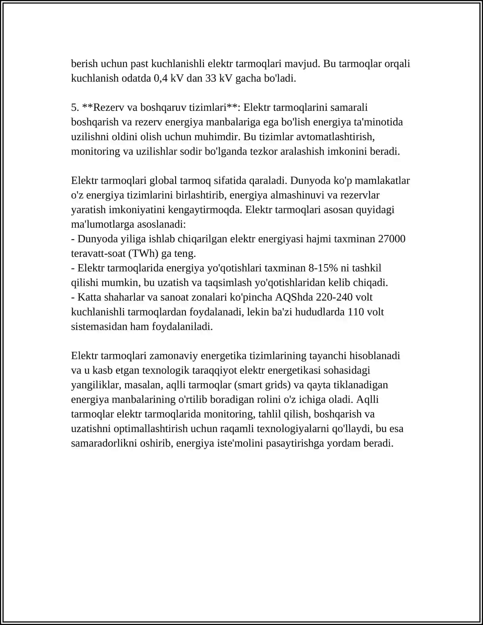 Mavzu: PAST KUCHLANISHLI ELEKTR TARMOQLARINI LOYIHALASH ASOSLARI 4