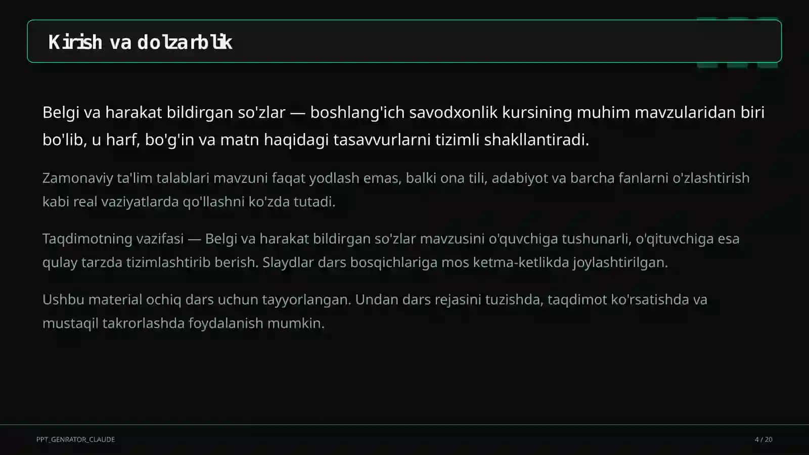 Belgi va harakat bildirgan so'zlar (2-sinf) 4