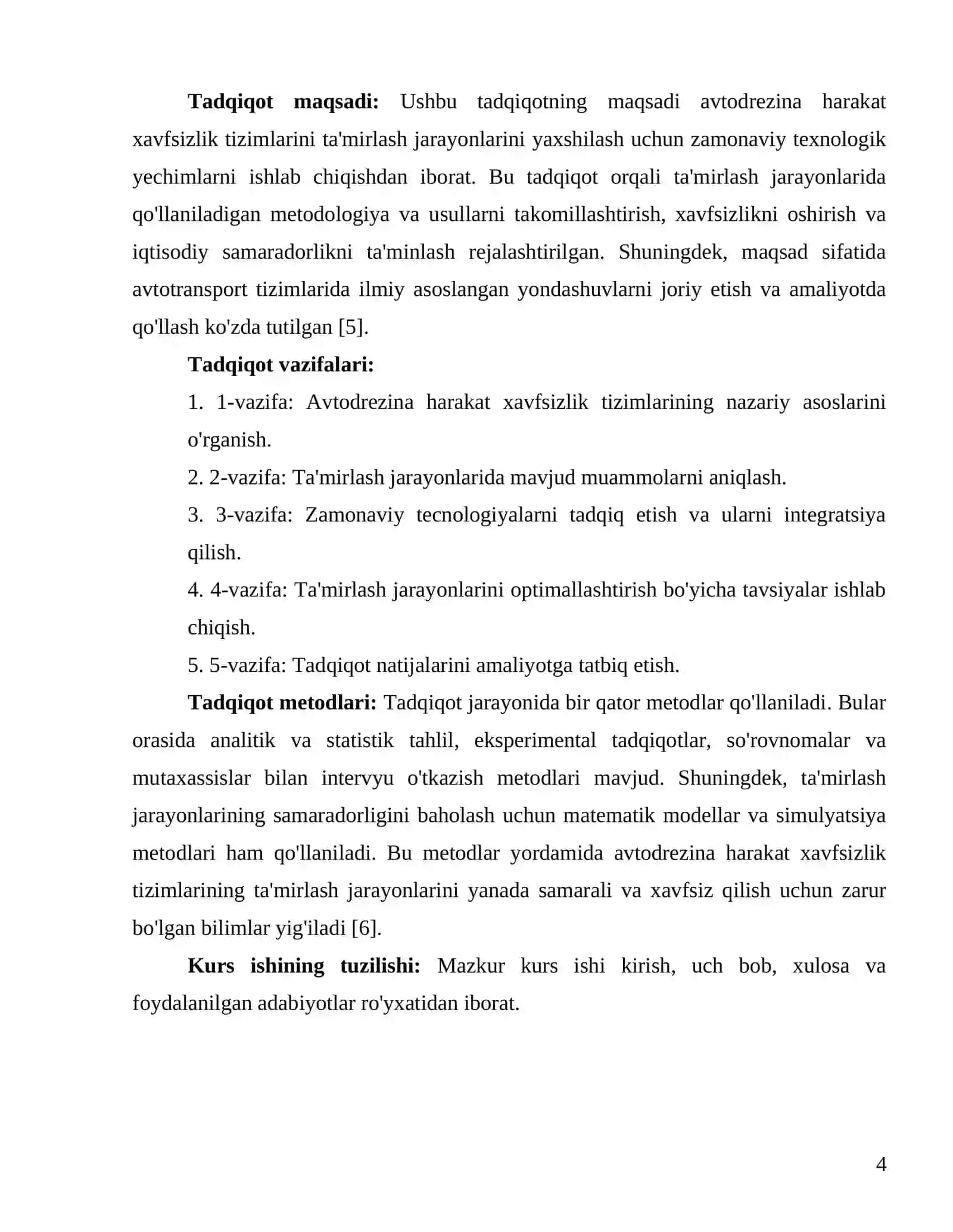 Avtodrezina harakat xavfsizlik tizimi ta’mirlash texnologik jarayonlarini ishlab chiqish 4