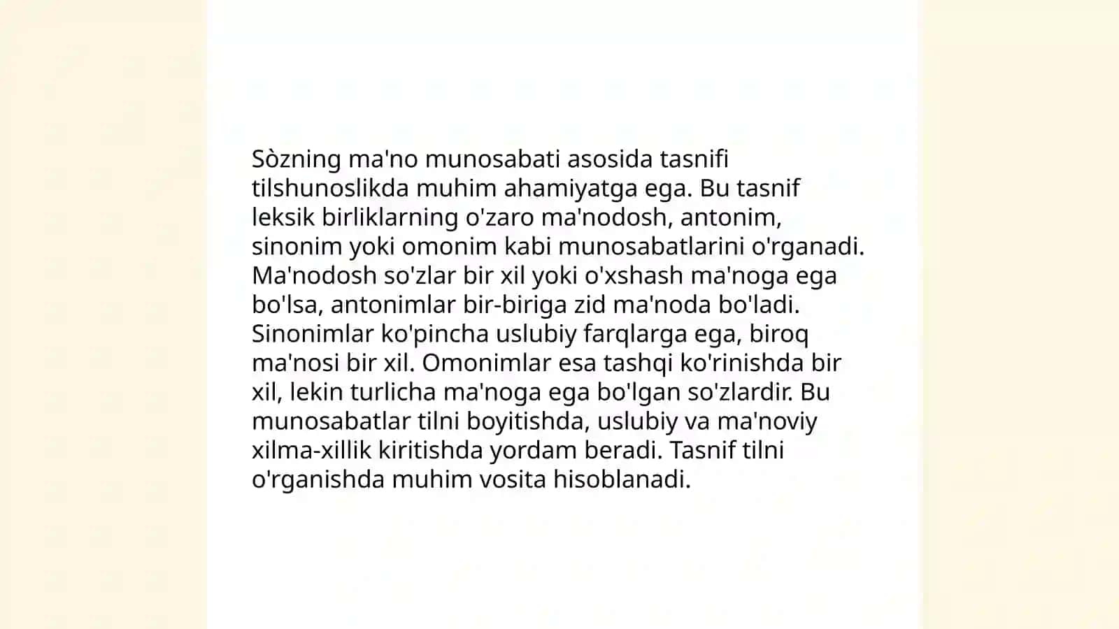 Sòzning shakl va ma'no munosabatiga kòra turlari yuzasidan mashqlar 4