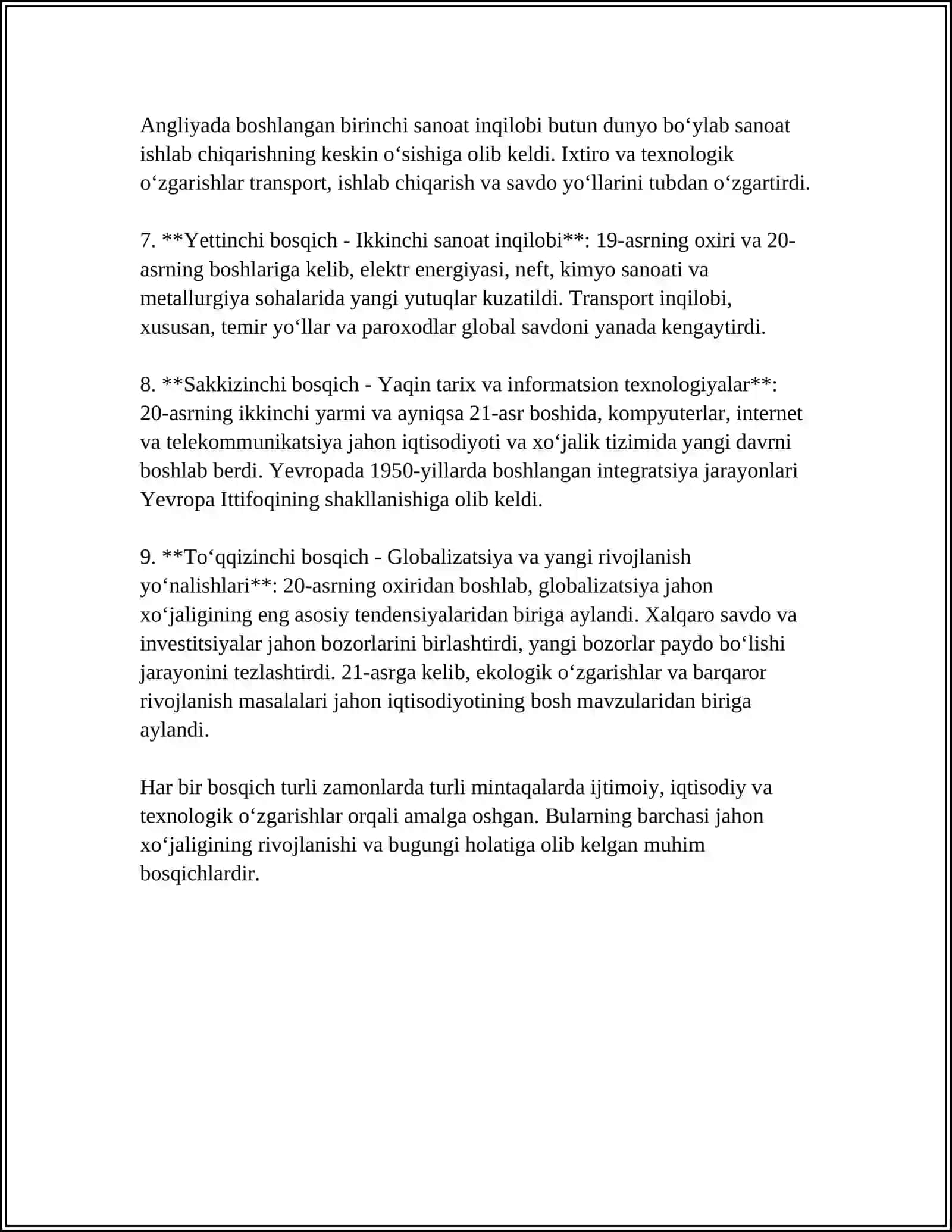 Jahon xo‘jaligining rivojlanish bosqichlari va O‘zbekiston tajribasi 4