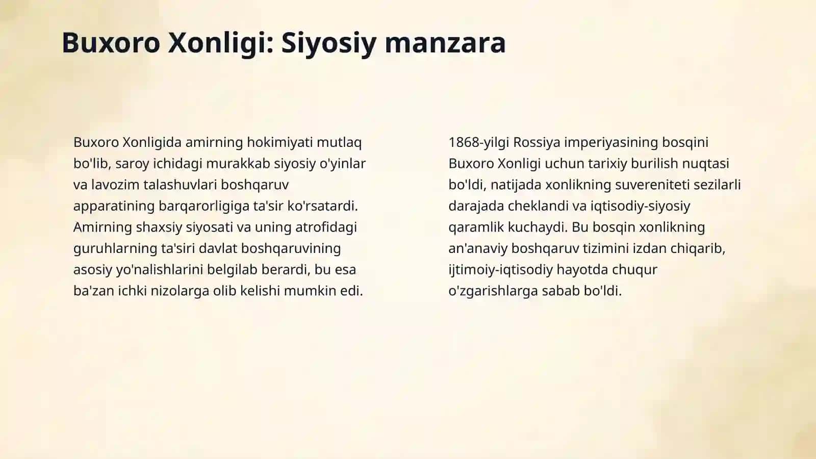 XIX asr oxiri - XX asr boshlarida Turkistondagi uch xonlik: Buxoro, Xiva va Qo'qon 4