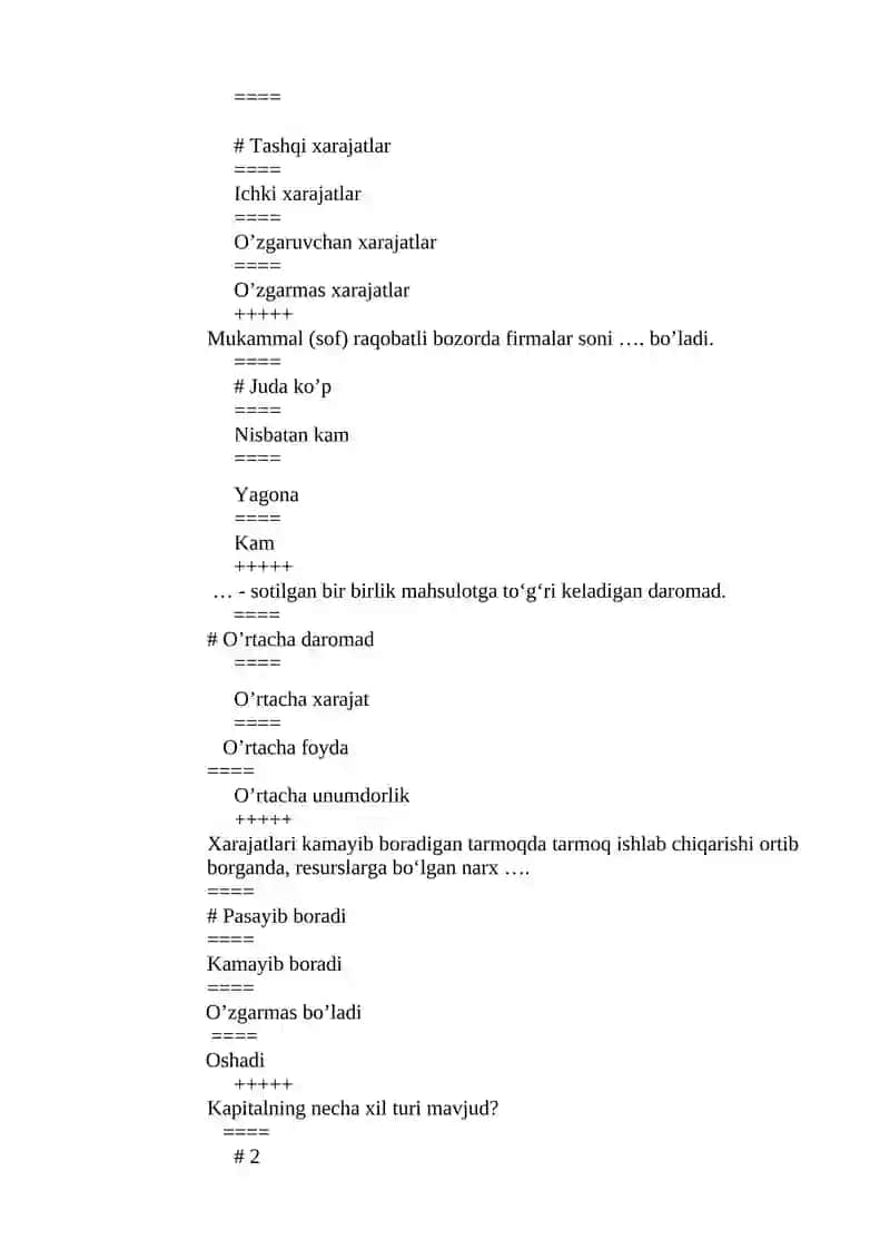 Mikroiqtisodiyot fanidan 4-semestr uchun testlar 4