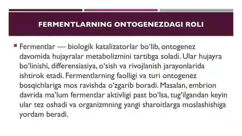 Ontogenezda ferment tarkibining o‘zgarishi. Immobilangan fermentlar. 
Tibbiy enzimologiya muammolar 4
