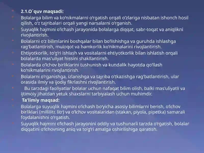 Suyuqlik hajmini o’lchash. (tayorlov guruh) Fan va tabiatning o`quv maqsadi 4