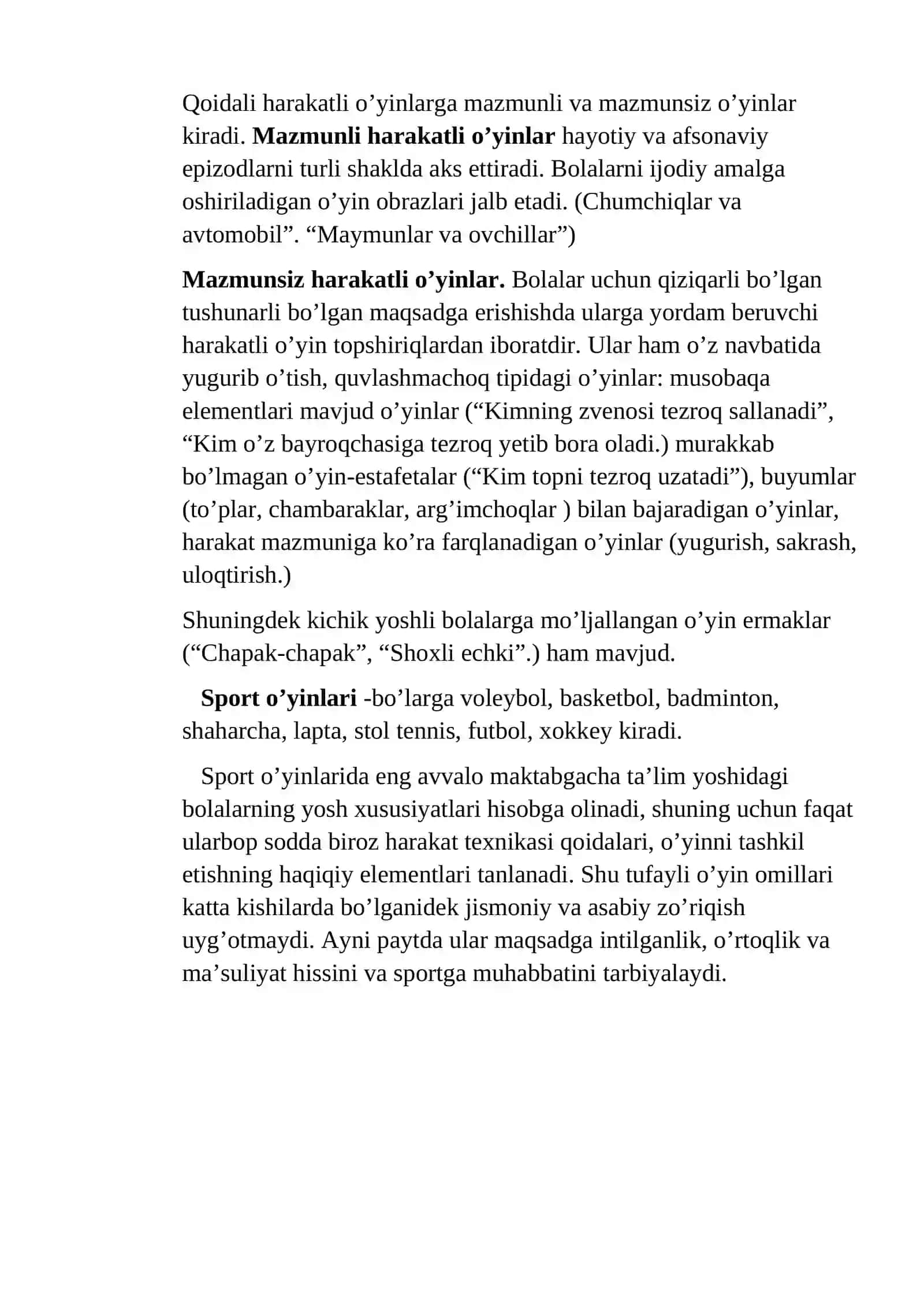 Harakatli o’yinlarni darsni asosiy qismida mos xolda tanlash va taxlil qilish 4
