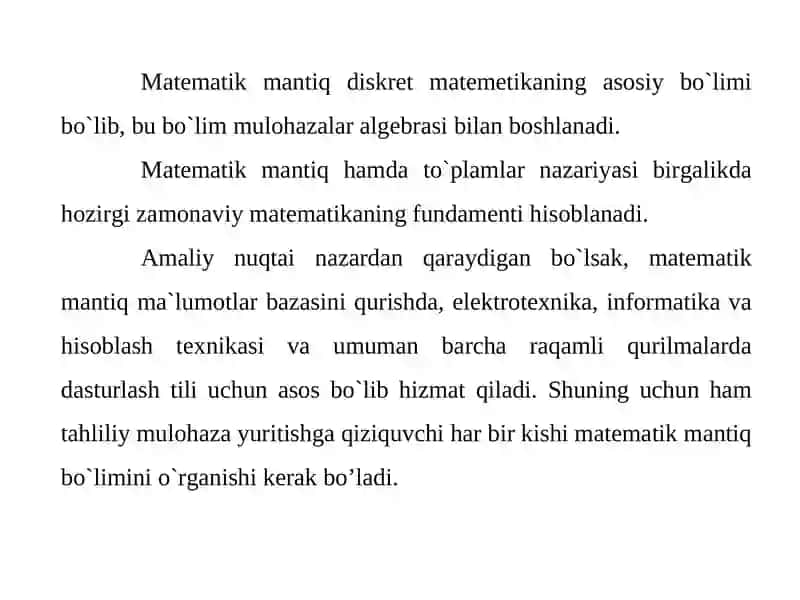 Bul algebrasi. Mulohaza tushunchasi. Mulohazalar ustida ikkilik mantiqiy amallar 4