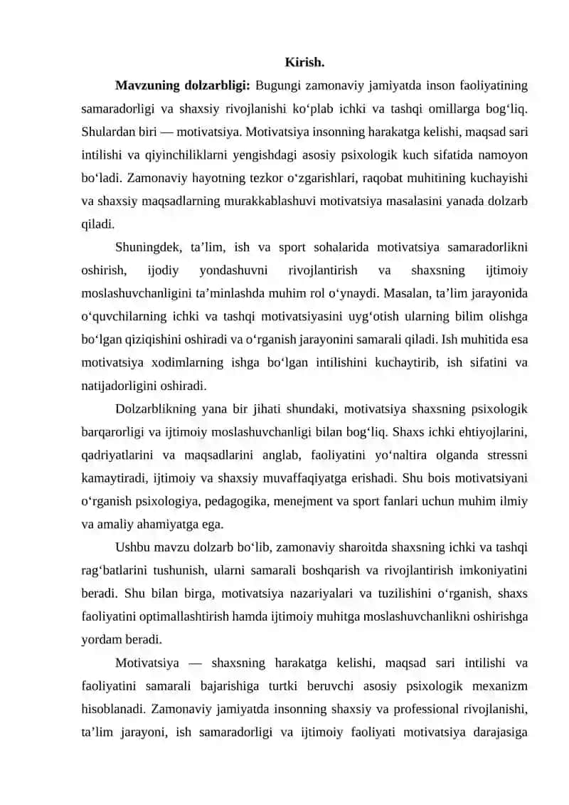 Mativatsiyaning asosiy turlari va rivojlanishi. Motivatsiyaning tuzilish funksiyalari. Motivatsiyaning psixologik nazaryalari 4