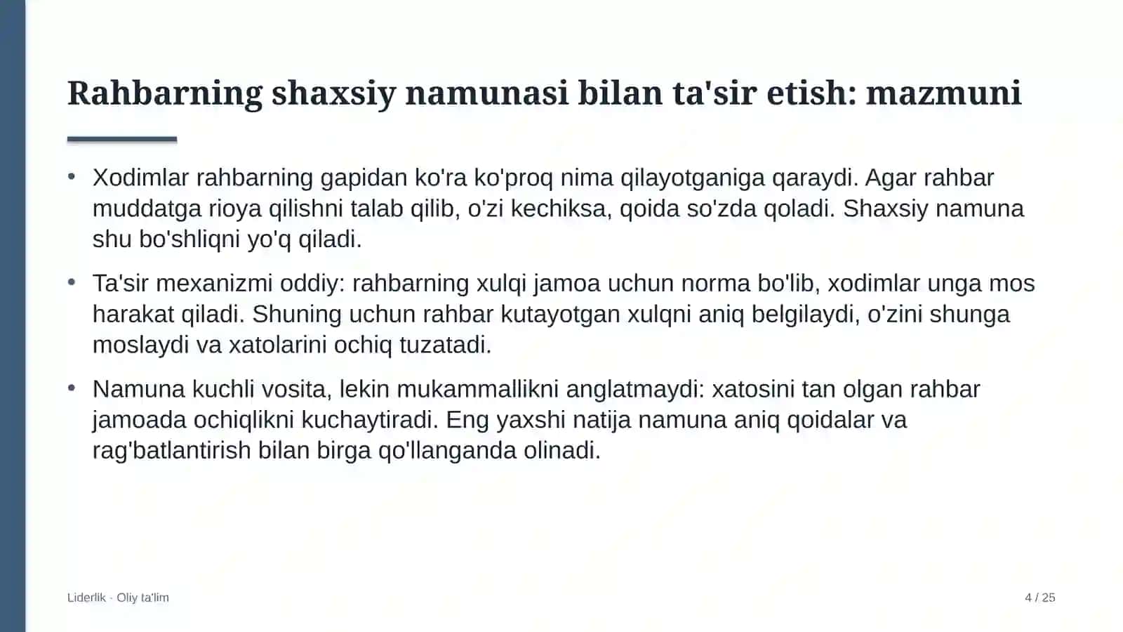 restoranlarda rahbarning shaxsiy namunasi orqali ta'sir etish 6273 4