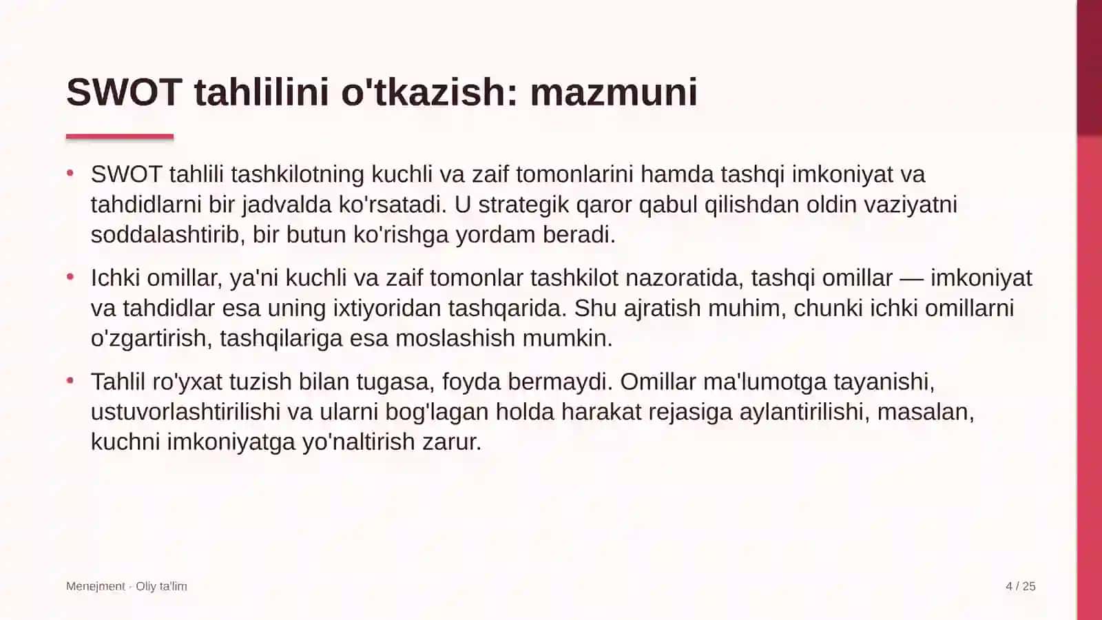 Buyurtmaxonalarda SWOT tahlilini o'tkazish 4