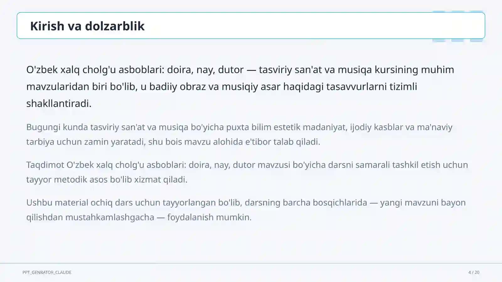 Tasviriy san'at va musiqa (1–7) — ochiq dars uchun 4