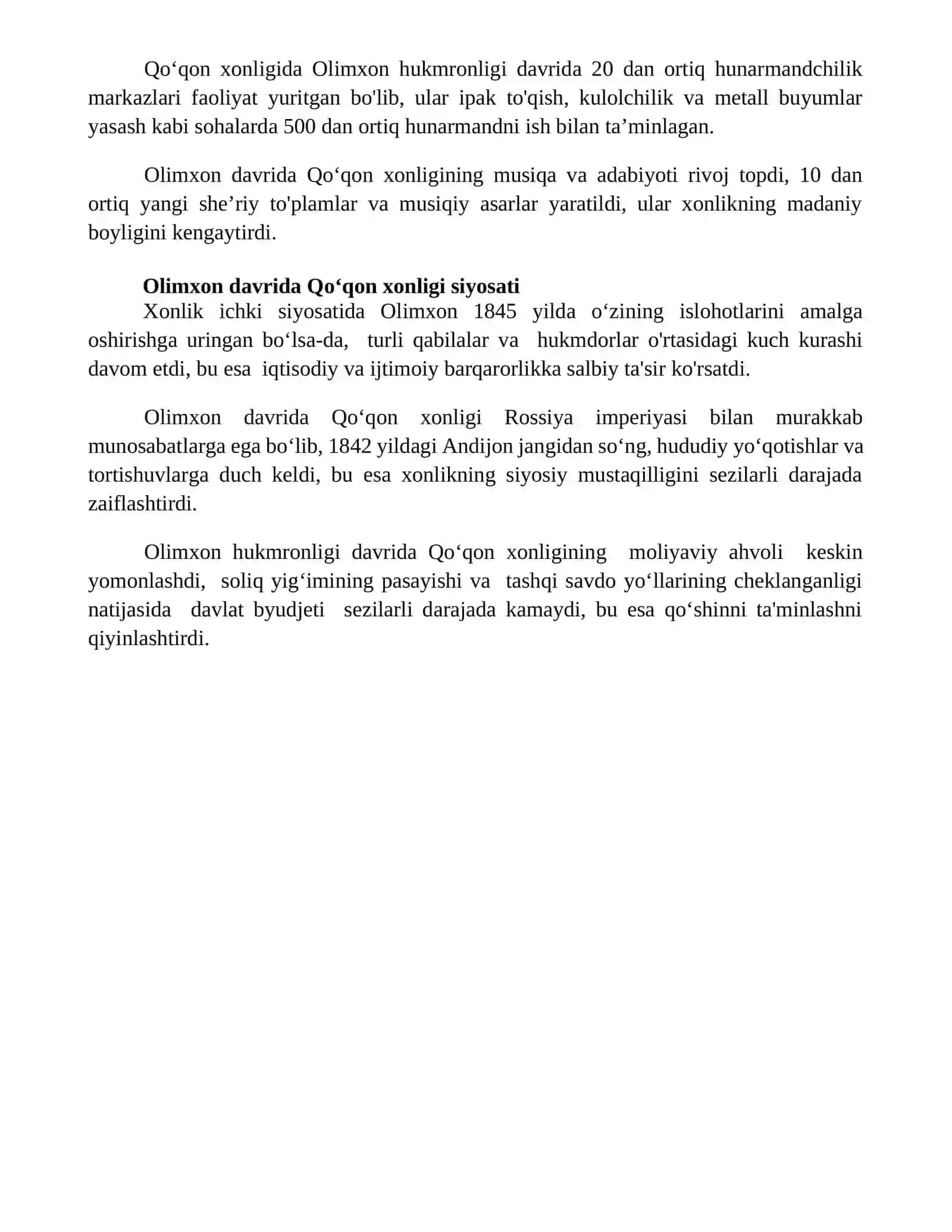 Olimxon hukmronligi davrida Qo'qon xonligi haqida 15.20 list bolsin 4