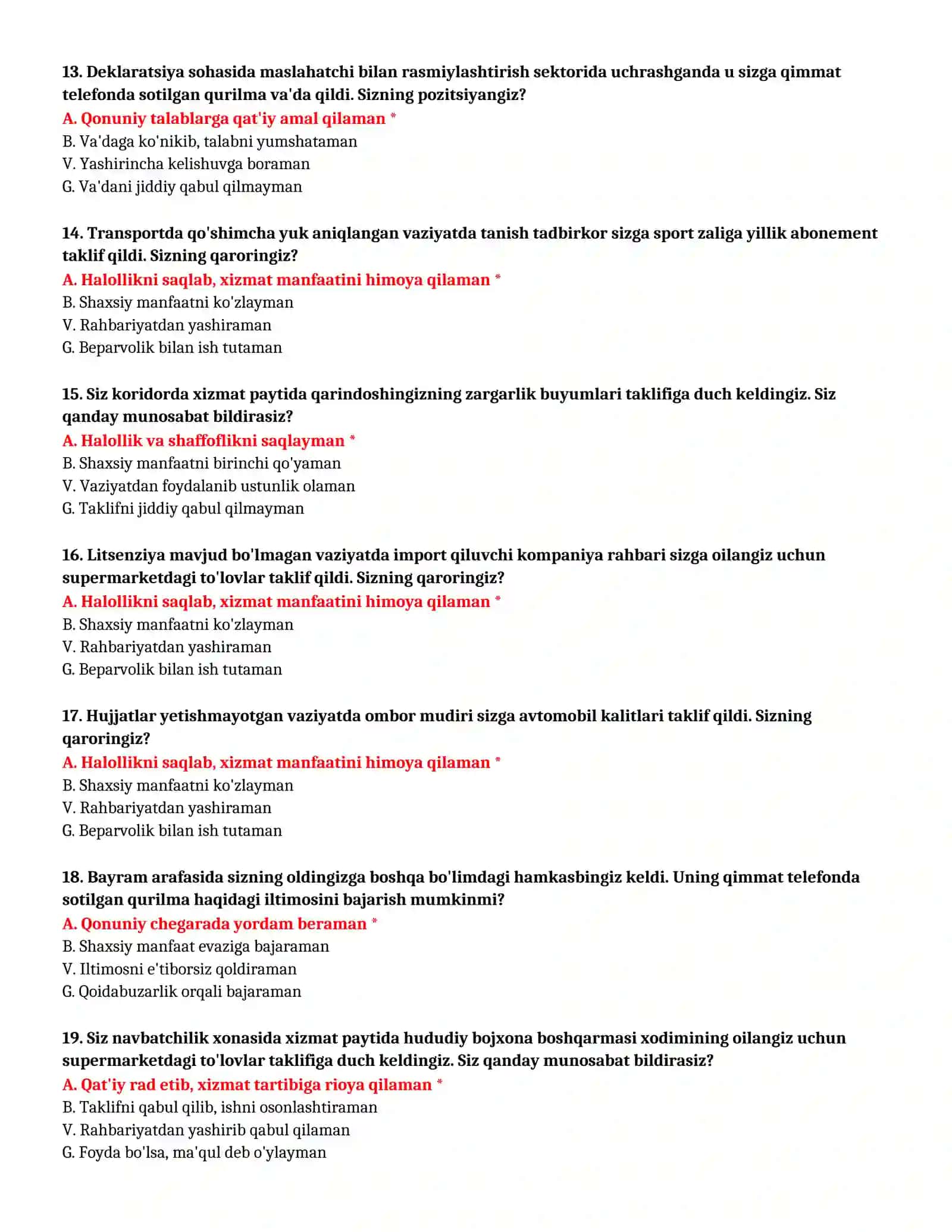 BOJXONA AKADEMIYASI - KASBIY TANLOV TEST SAVOLLARI (№ 44) 4