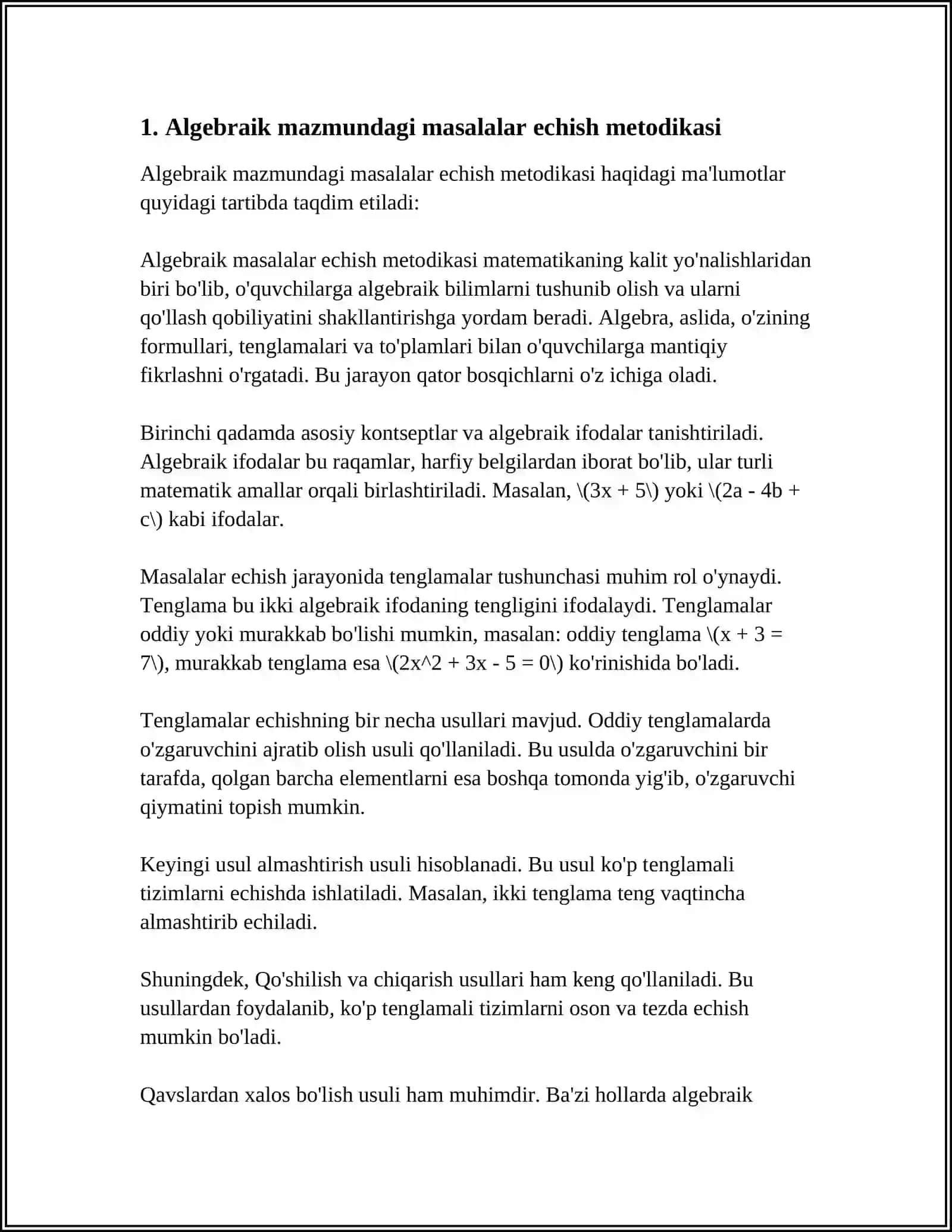 ALGEBRAIK VA GEOMETRIK MAZMUNLI MASALALAR ECHISHGA OʻRGATISH METODIKASI 4