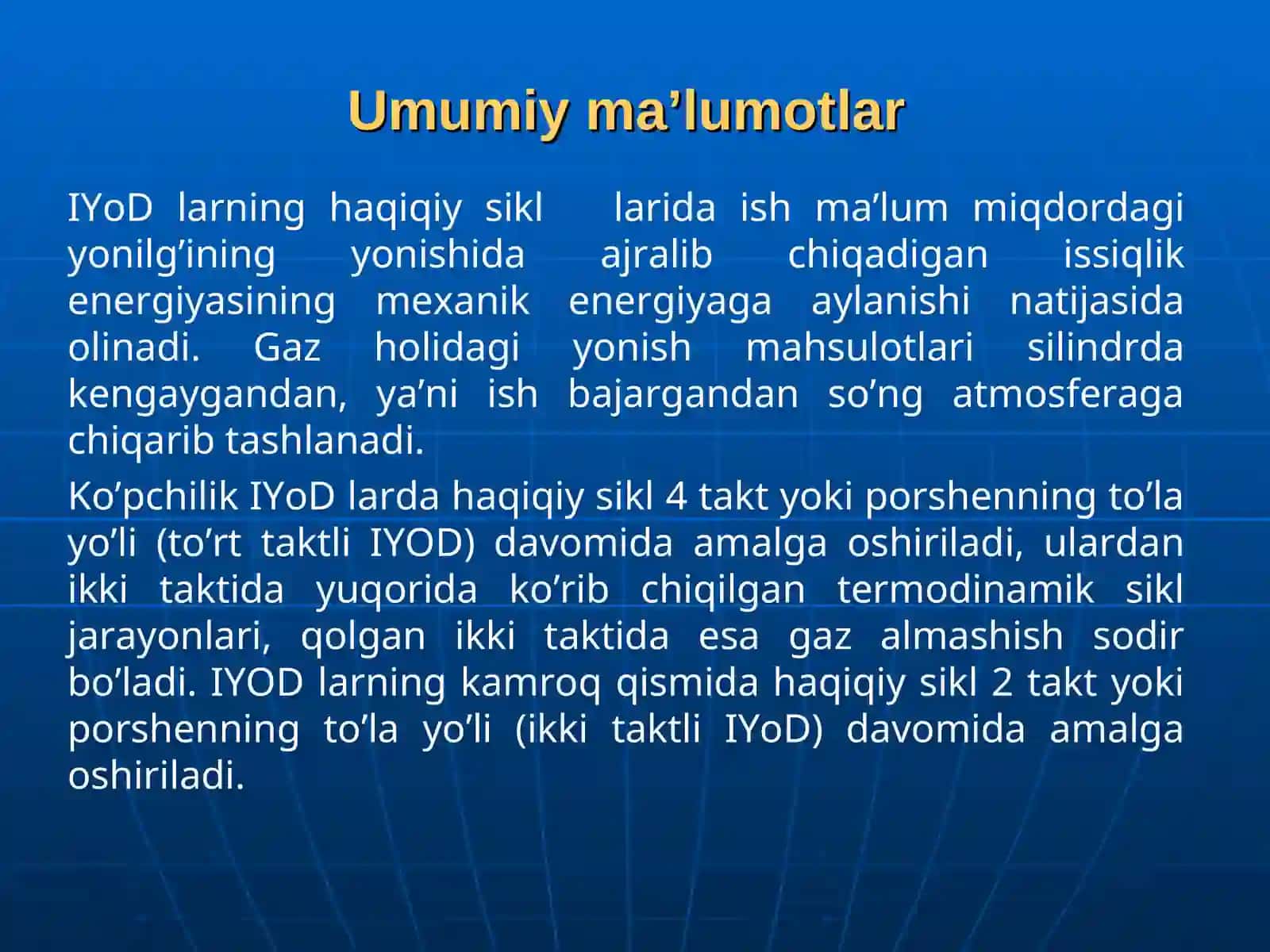 "Issiqlik texnikasi va ichki yonuv dvigatellari" fani bo’yicha elektron ma’ruza matnlarini 4