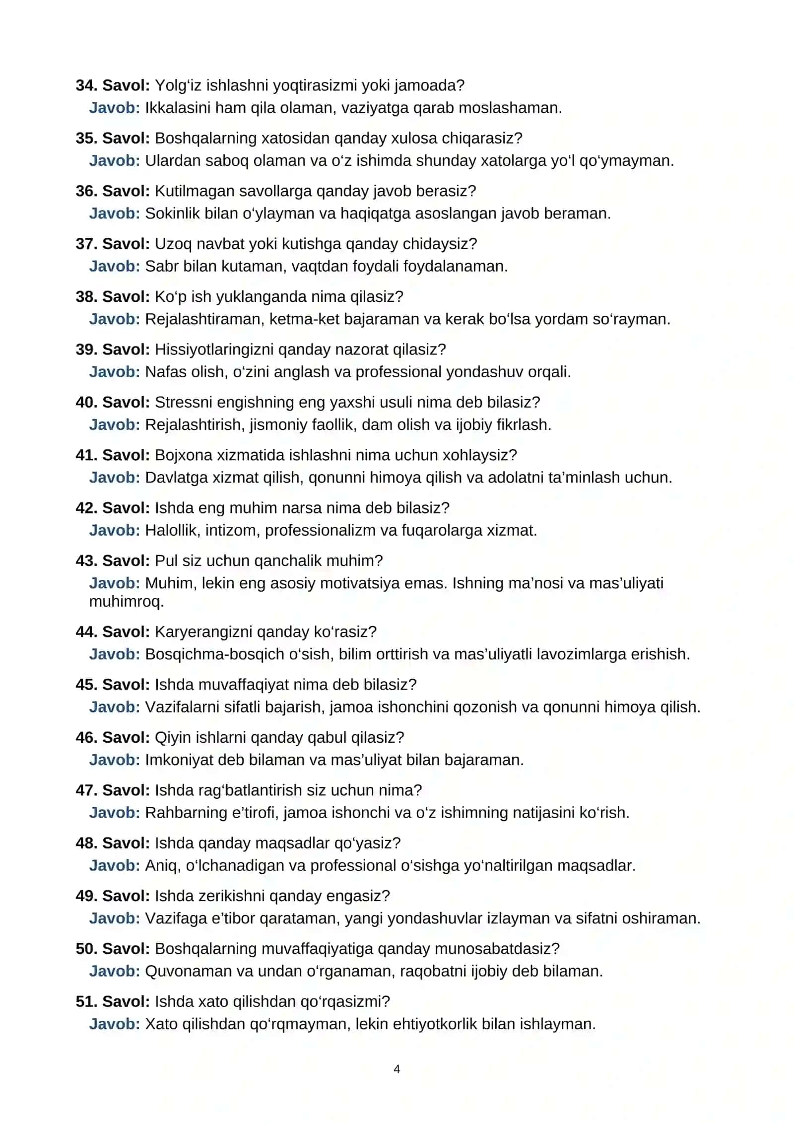 BOJXONAGA ISHGA KIRISH UCHUN PSIXOLOGIK TEST SAVOL VA JAVOBLARI 4
