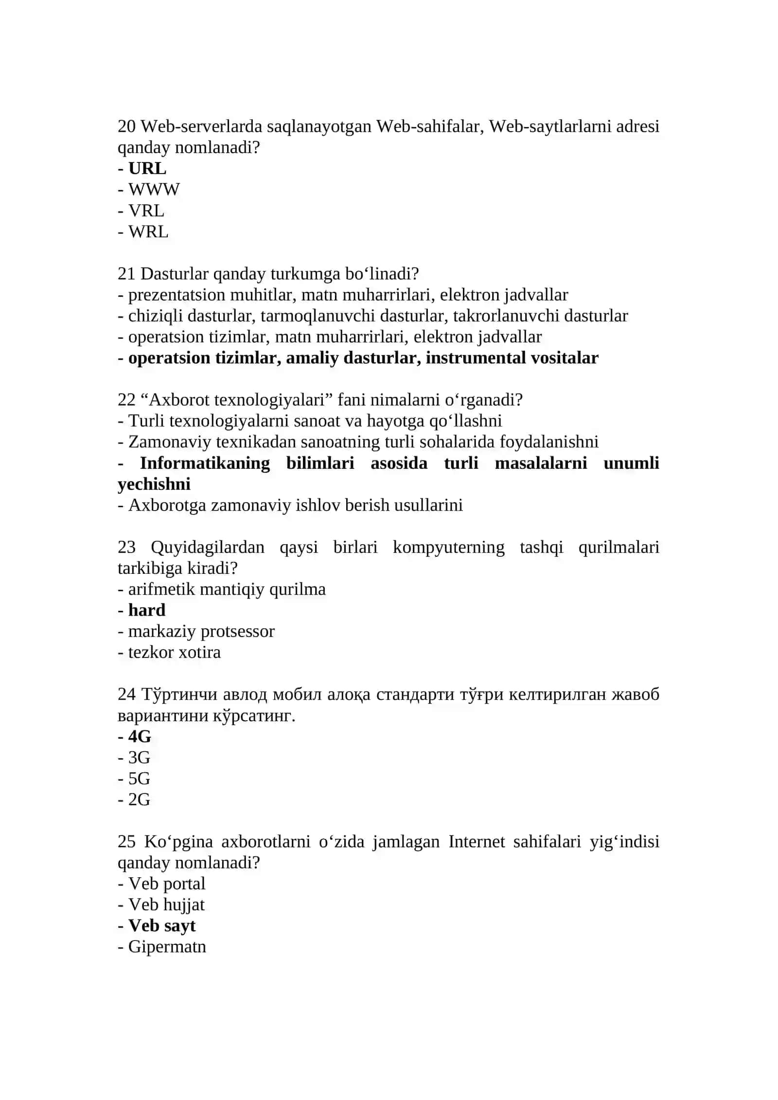 Axborot kommunikatsiya texnologiyalari bo’yicha test savollari (javoblari bilan birga) 4