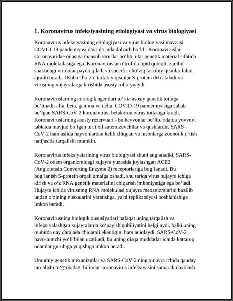 KORONAVIRUS INFEKSIYASI. ETIOLOGIYASI, EPIDEMIOLOGIYASI, TASNIFI, PATOGENEZI, KLINIKASI, ASORATLARI, DAVOLASH, O‘CHOQDA O‘TKAZILADIGAN CHORA-TADBIRLAR, PROFILAKTIKASI 4