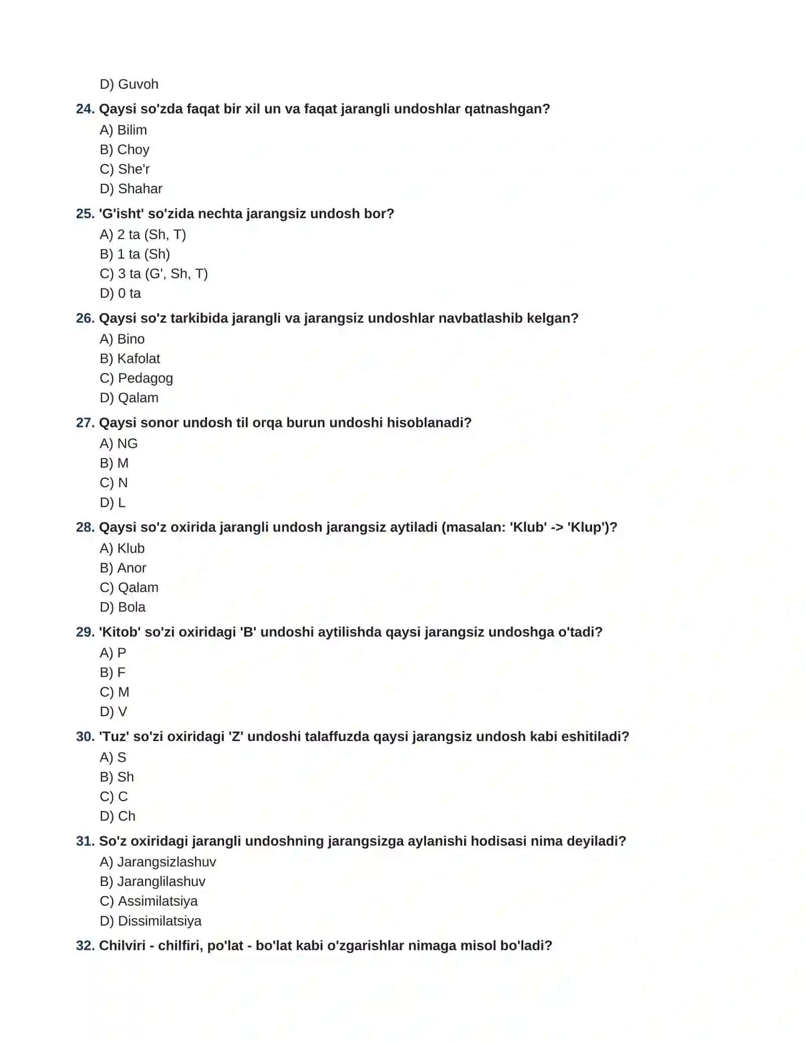 Jarangli va Jarangsiz Undoshlar mavzusi bo'yicha 60 ta test javobi bilan 4