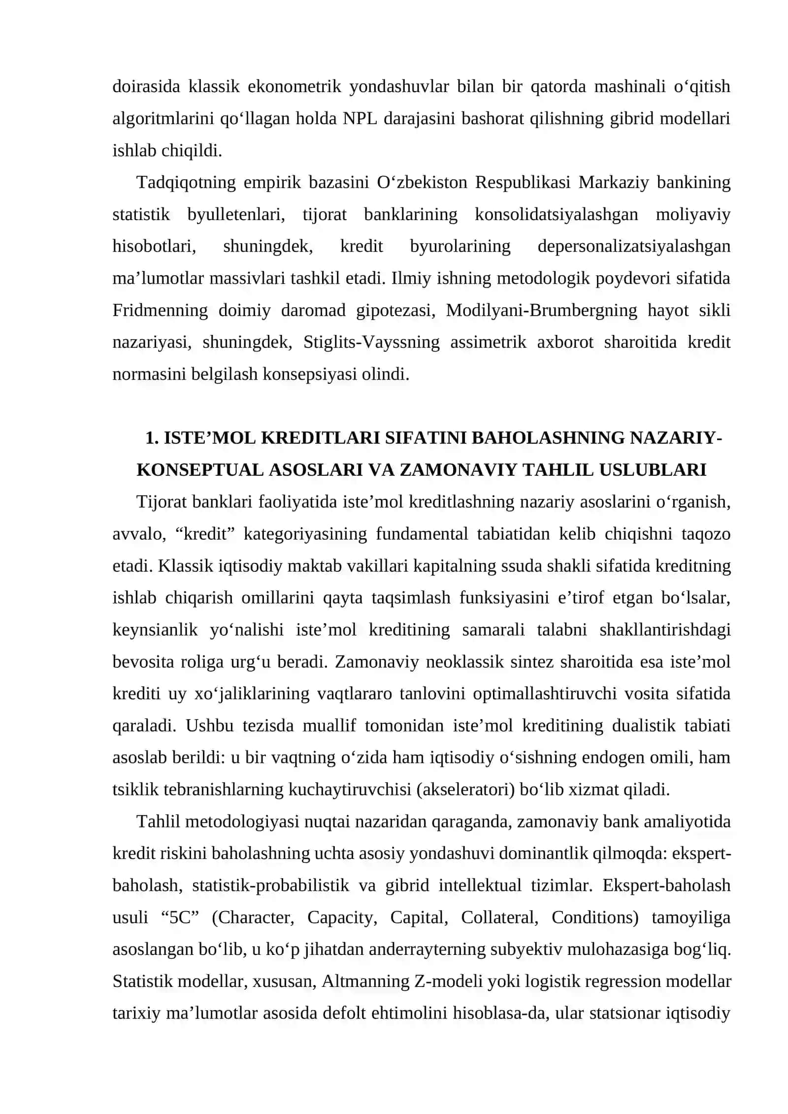 Tijorat banklarida iste’mol kreditlari tahlili: metodologik yondashuvlar va amaliyotda risklarni boshqarishning institutsional asoslari 4