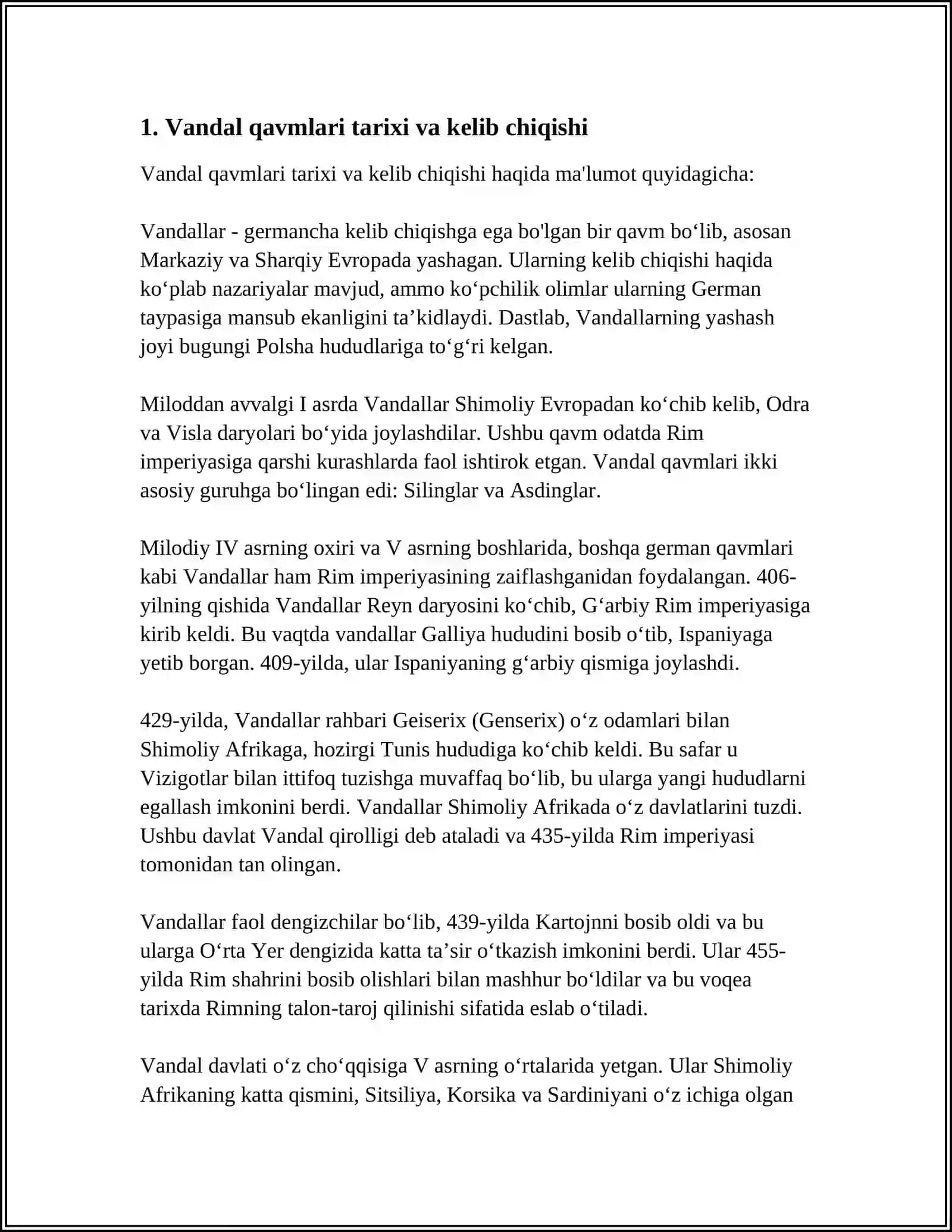 VANDAL QIROLLIGI: TASHAKKUL TOPISHI VA TARAQQIYOTI (429/439-534 YY) 4