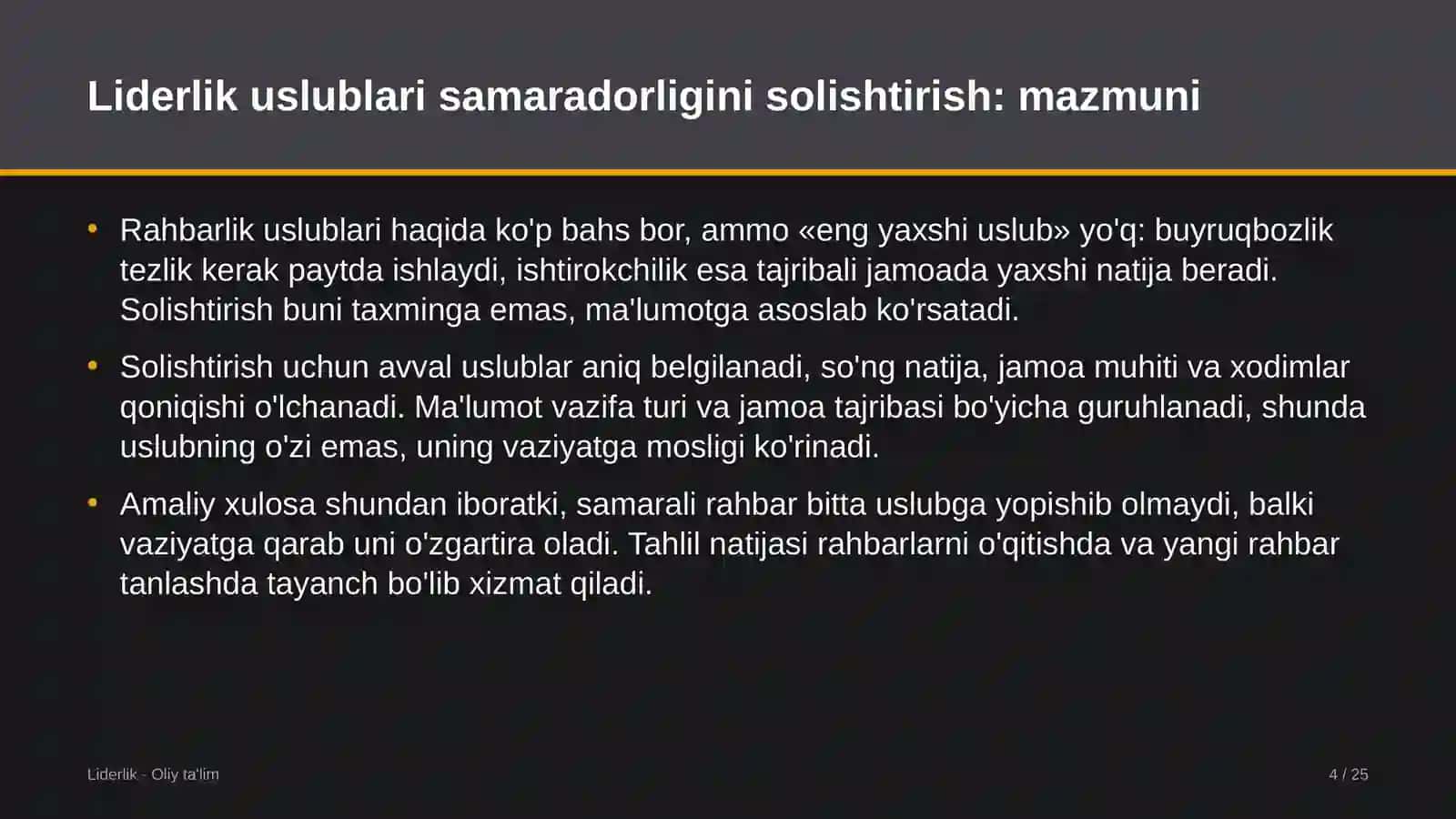 Zargarlik sanoatida liderlik uslublarining samaradorligini solishtirish 4
