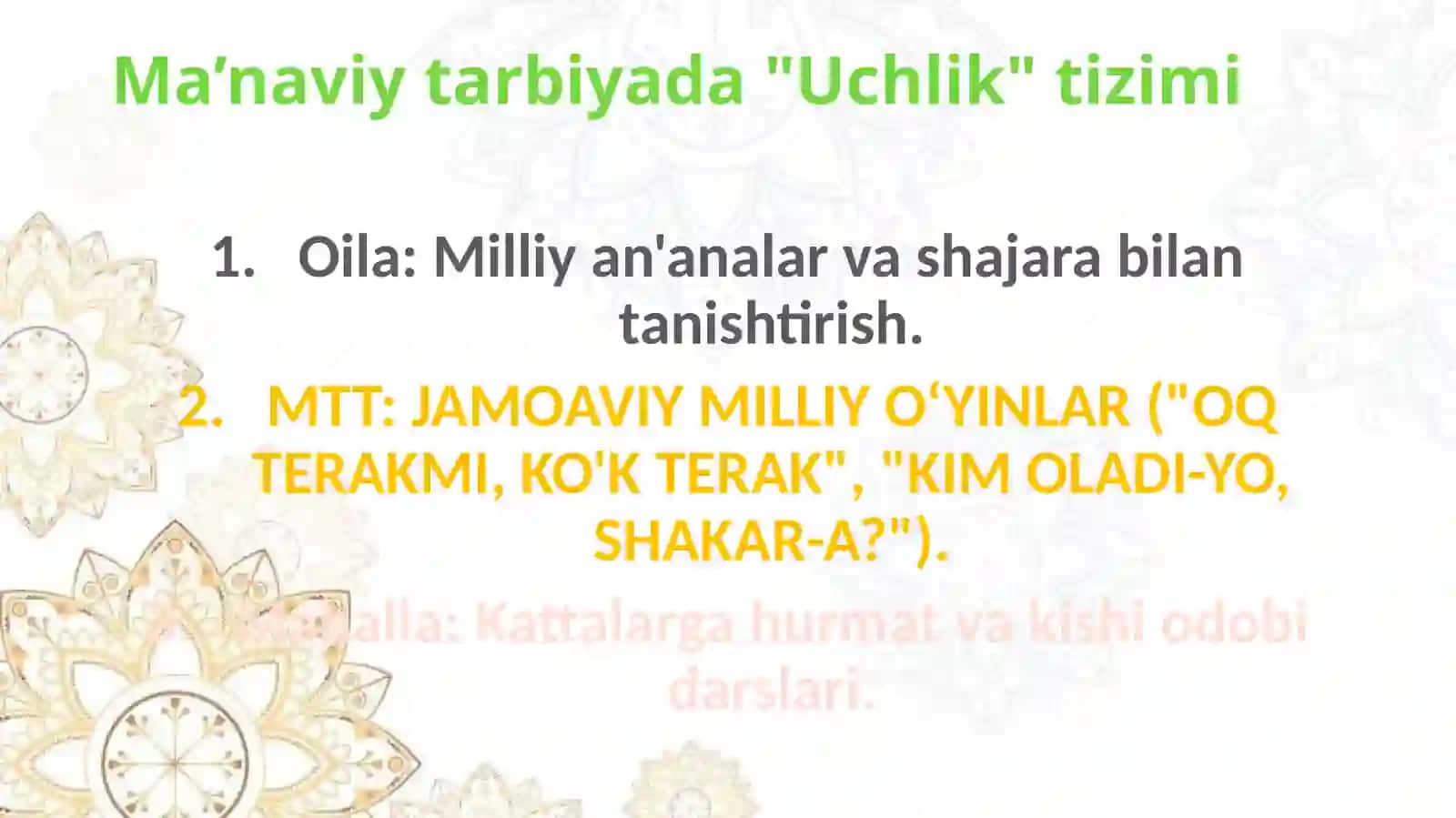 "Milliy qadriyatlar — ma’naviyat sarshabmasi" mavzusida loyiha taqdimoti 4