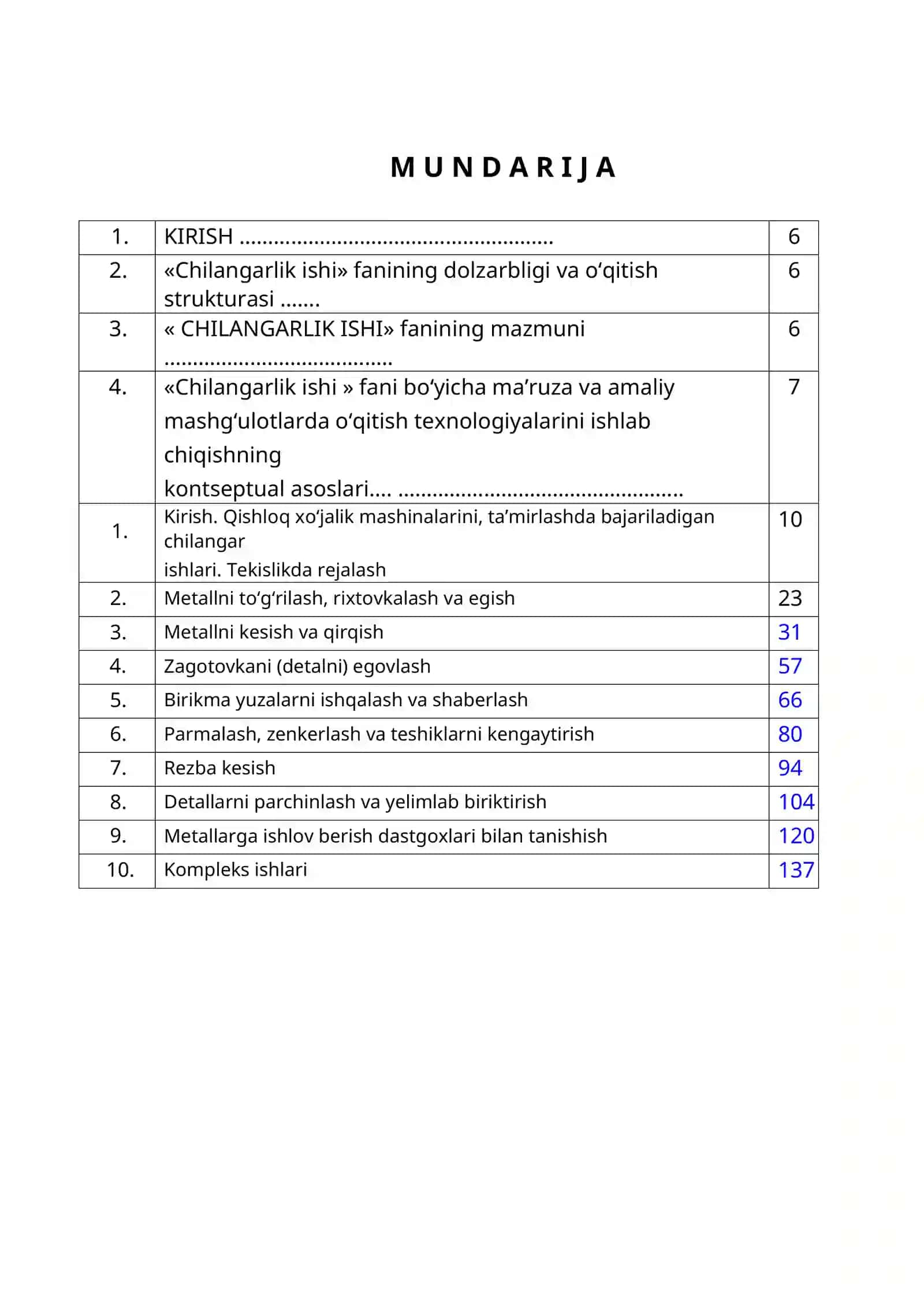 «CHILANGARLIK ISHI» O‘QUV AMALIYOTI BO‘YICHA  O‘QITISH MATERIALLARI TO‘PLAMI 4