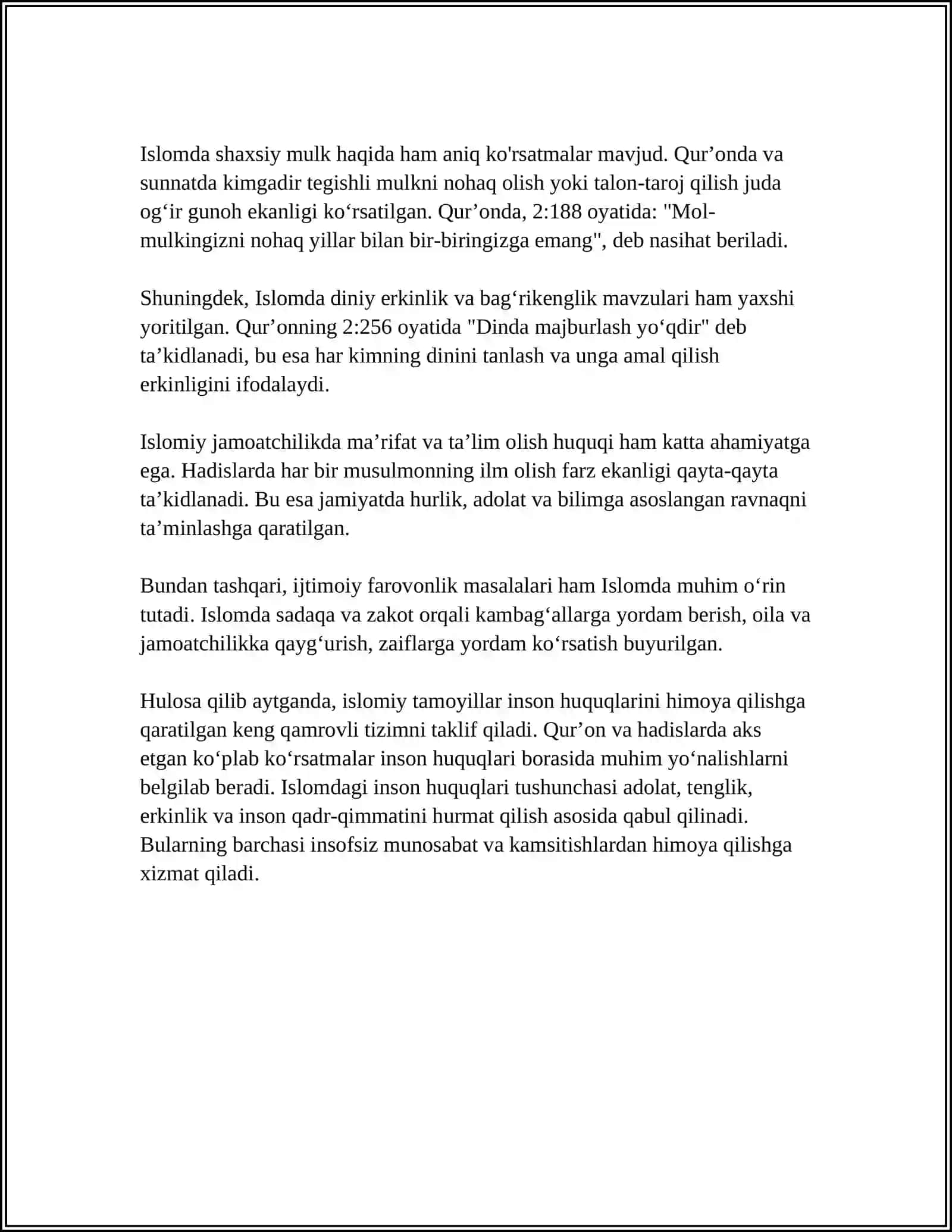 ISLOMDA INSON HUQUQLARI HIMOYASI, IJTIMOIY TENGLIK, ADOLAT VA TOLERANTLIK MAVZUSIDA KROSSVORD TAYYARLOSH 4
