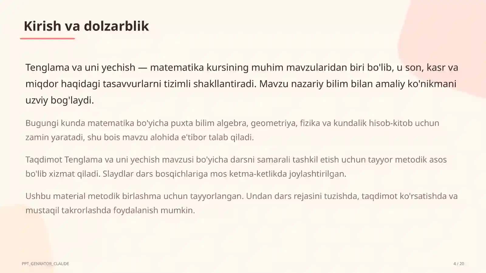 Tenglama va uni yechish (5-sinf) Matematika (5–6) — metodik birlashma uchun 4