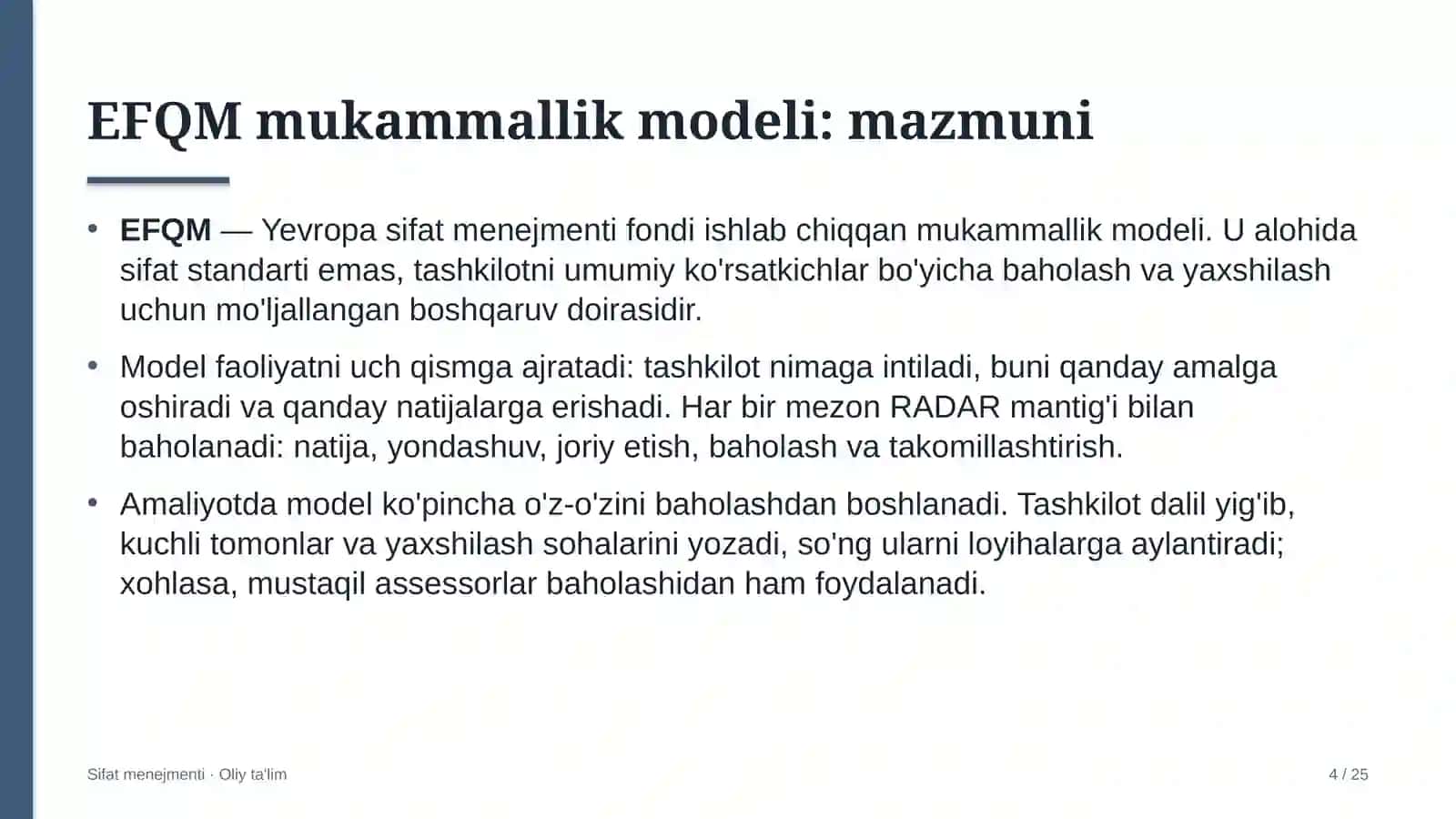 Yo'l xo'jaligida EFQM mukammallik modelini qo'llash 4
