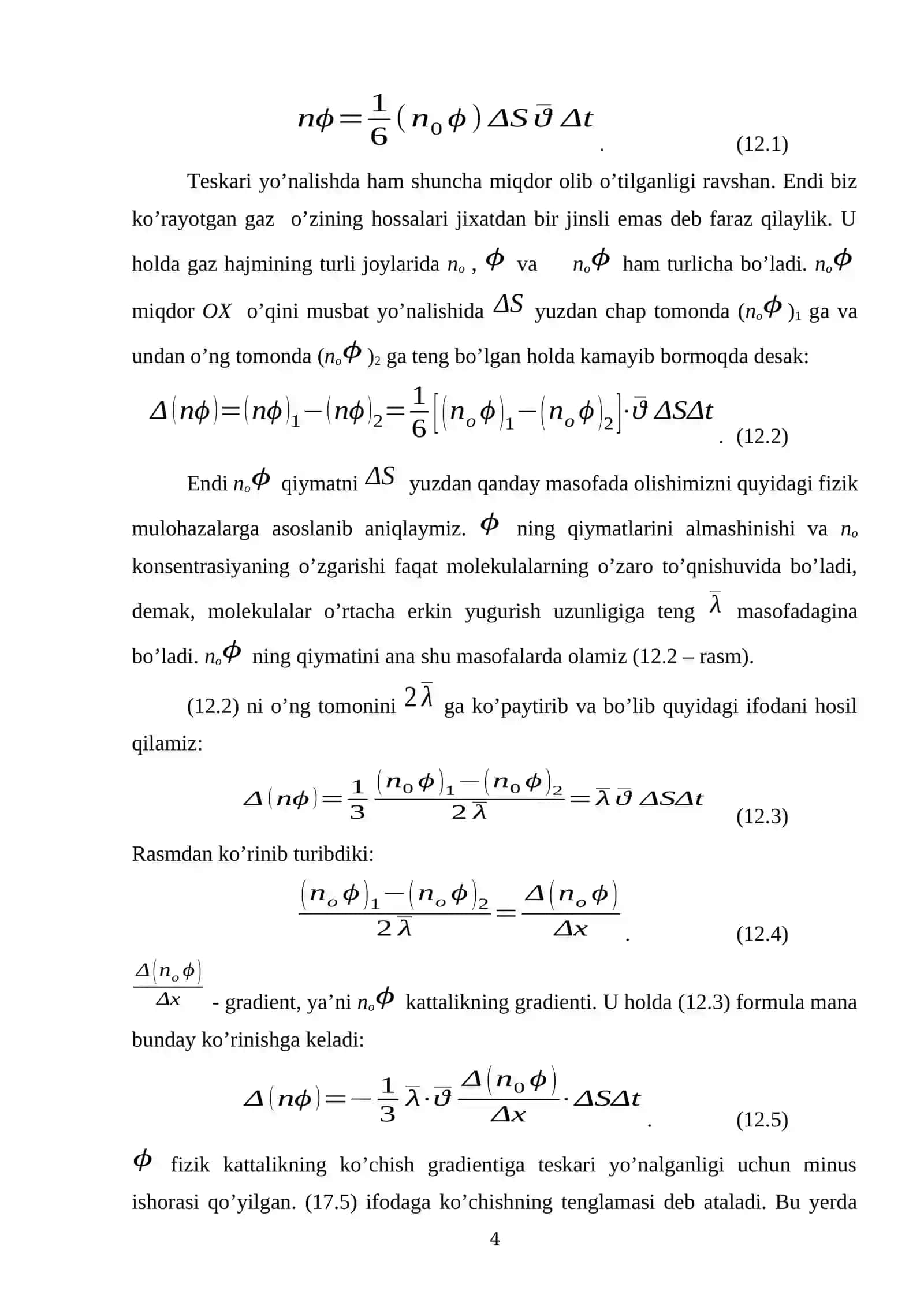 Ko’chish hodisalari. Gazlarda diffuziya va issiqlik o’tkazuvchanlik hodisasi 4