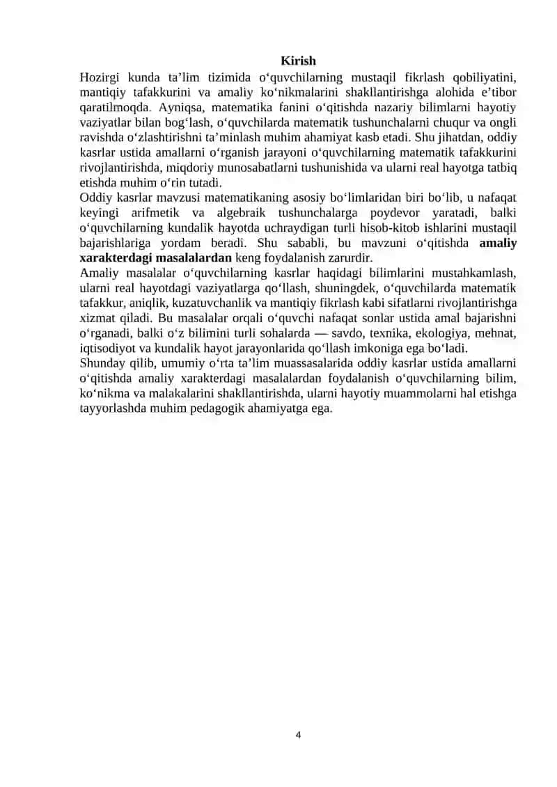 Umumiy ta’lim muassasalarida oddiy kasrlar ustida amallar mavzusini o’yin texnologiyasi asosida o’qitish mikrodars 4