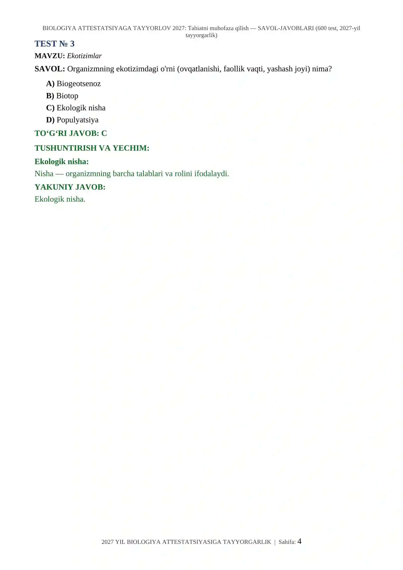BIOLOGIYA ATTESTATSIYAGA TAYYORLOV 2027: Tabiatni muhofaza qilish — SAVOL-JAVOBLARI (600 test, 2027-yil tayyorgarlik) 4
