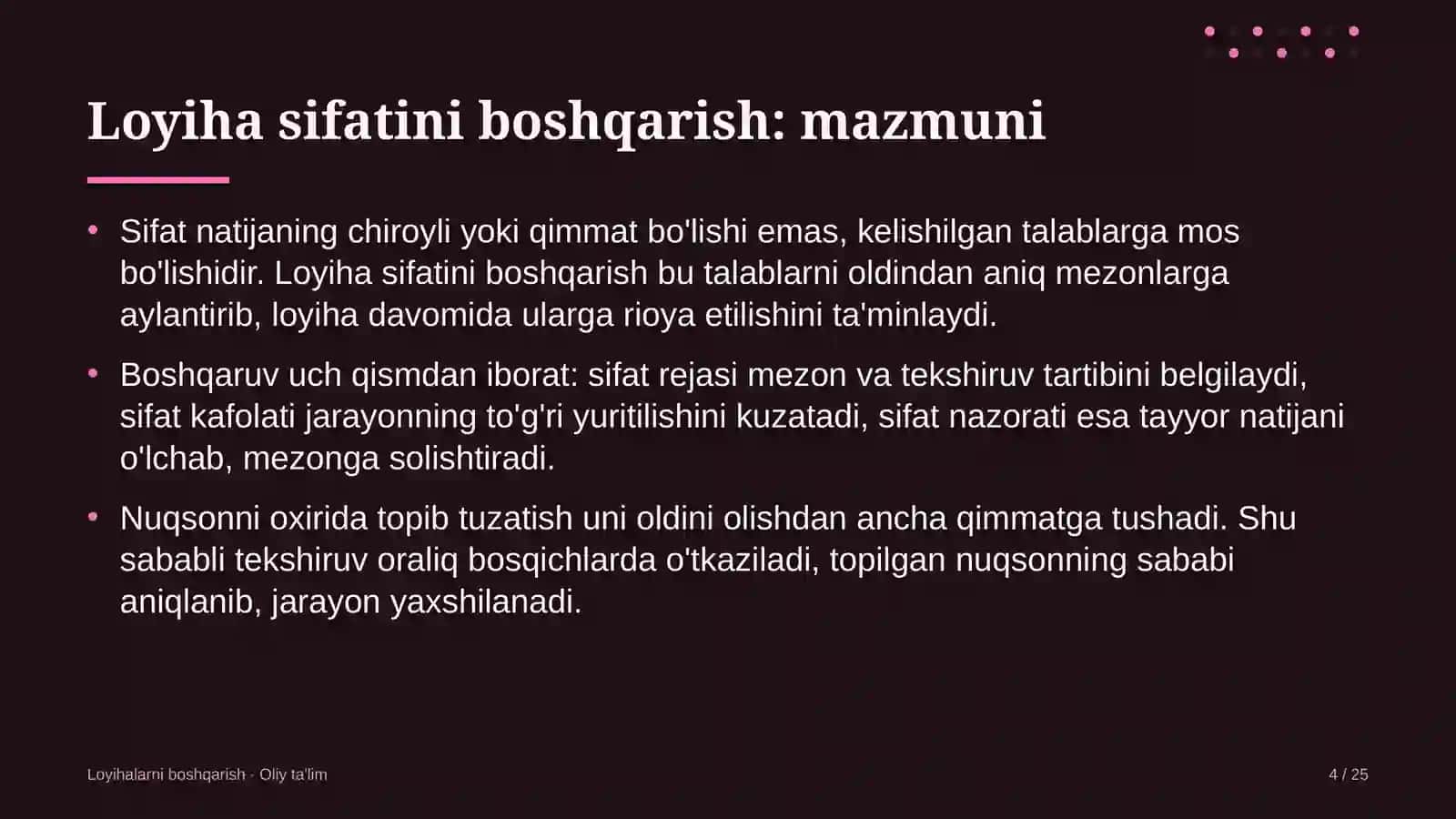 Loyihalarni boshqarish · Oliy ta'lim 4