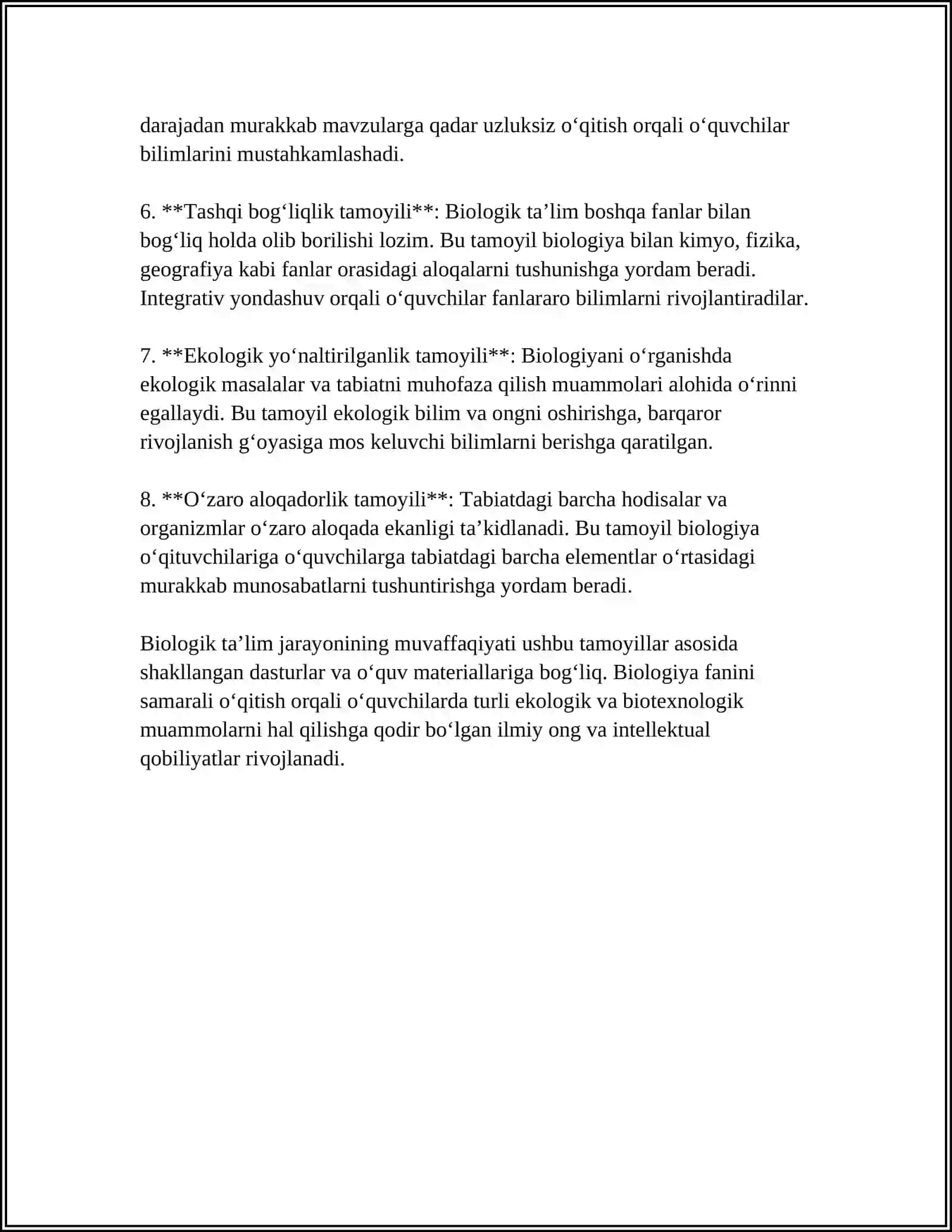 BIOLOGIK TALIM MAZMUNI, METODLARI, VOSITALARI VA SHAKLLARINING UYĜUNLIGI 4