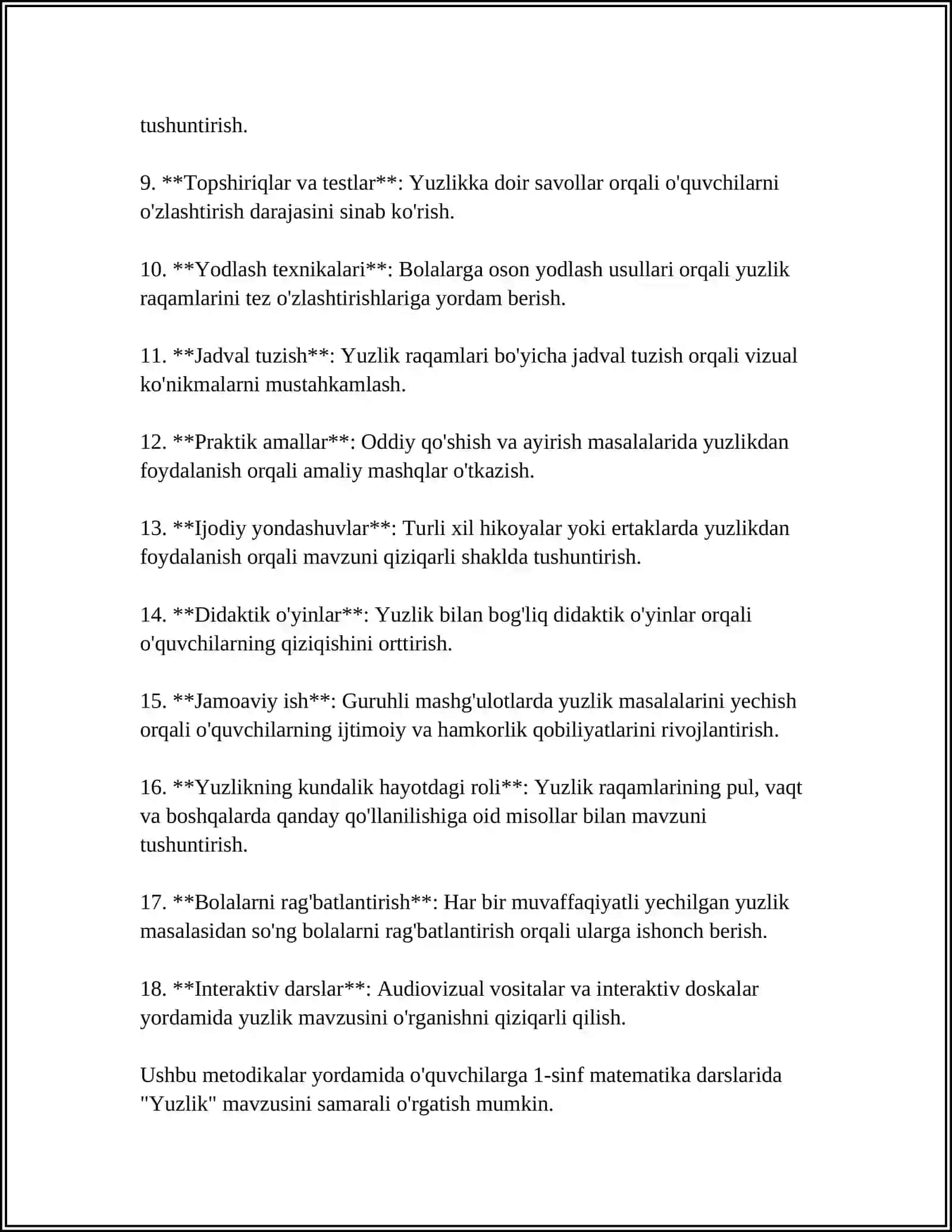 1-SINF MATEMATIKA DARSLARIDA YUZLIK MAVZUSINI O'QITISH METODIKASI 4