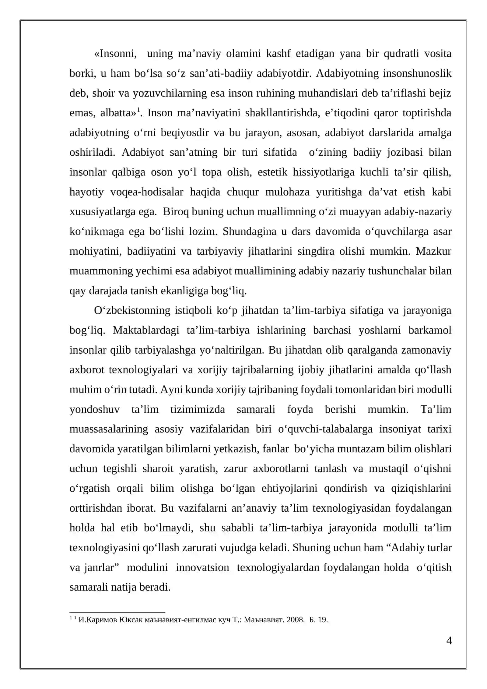 Adabiy turlar va janrlar” modulini o‘qitishda innovatsion texnologiyalardan foydalanish Malakaviy ishning mavzusi "Adabiy turlar va janrlar" modulini o‘qitishda innovatsion texnologiyalardan foydalanish bo'yicha 4