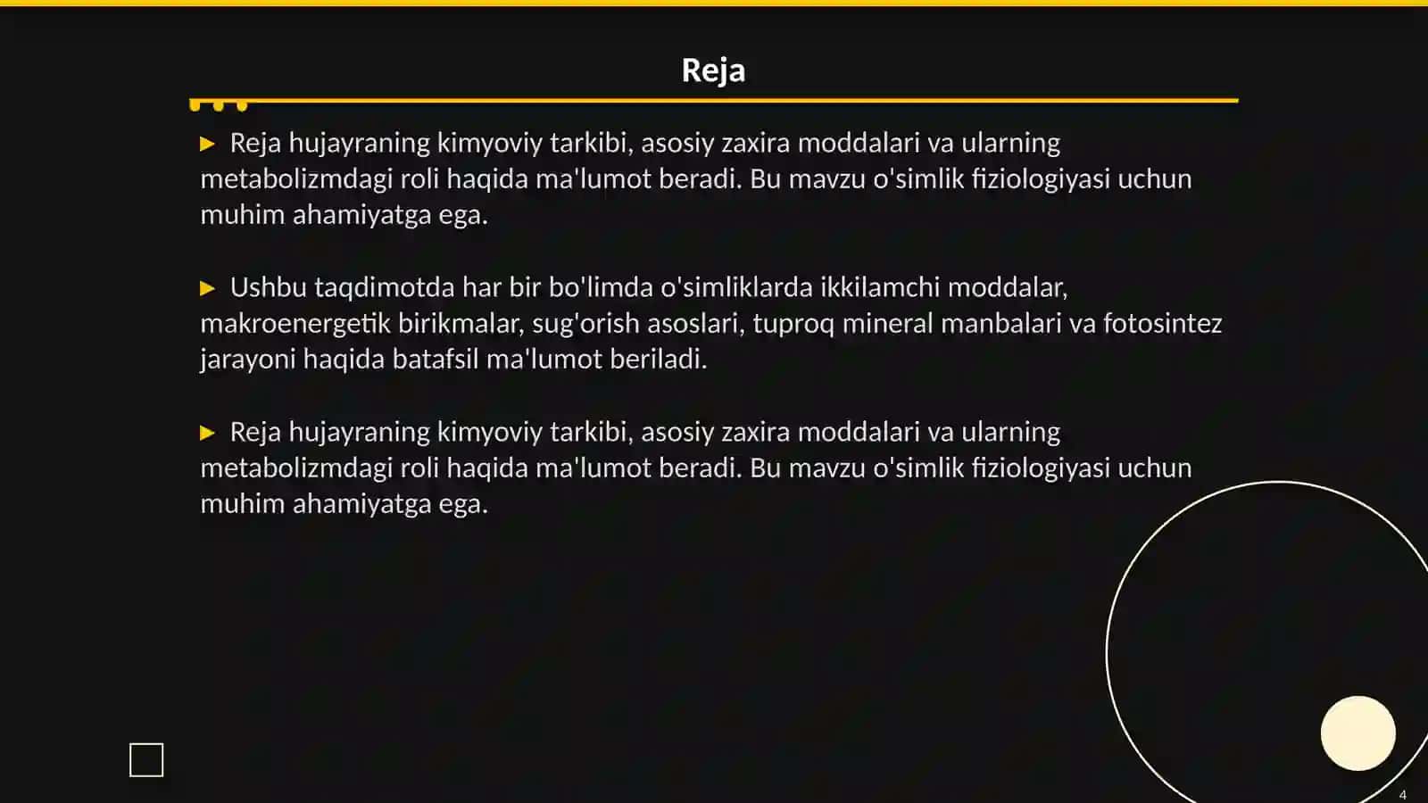 Hujayraning kimyoviy tarkibi.Asosiy zaxira moddalari va ularning metabalizimdagi ròli 4