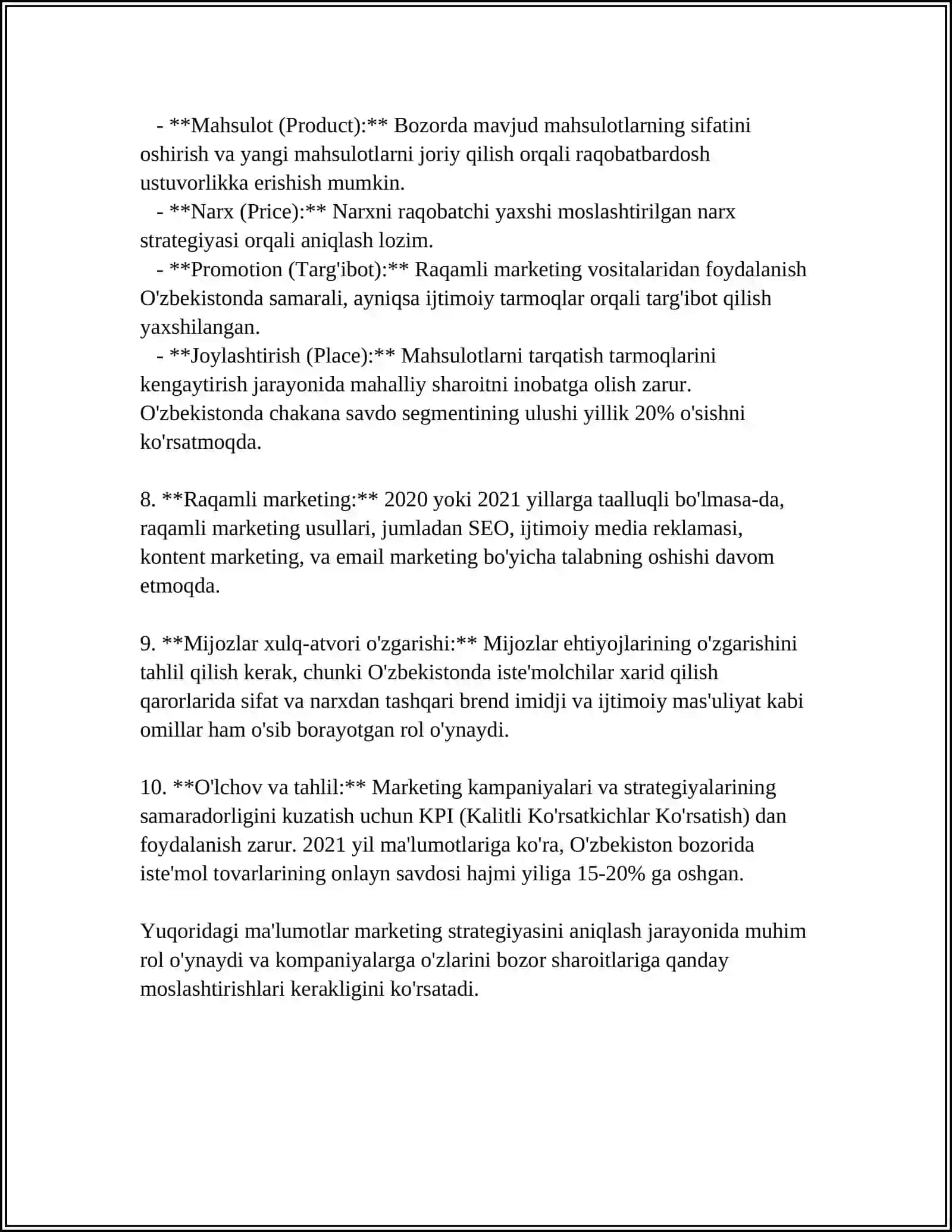 MARKETING STRATEGIYASINI YARATISH VA MAVJUD VAZIYATGA MOSLASHTIRISH 4